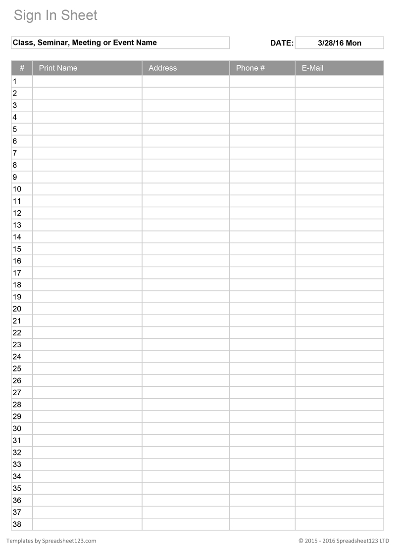 Printable Sign In Worksheets And Forms For Excel, Word And Pdf for Free Printable Sign In Sheet