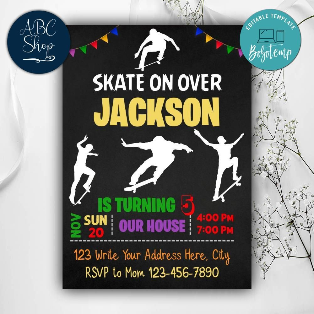 Printable Skateboard Birthday Invitation Instant Download | Bobotemp pertaining to Free Printable Skateboard Birthday Party Invitations