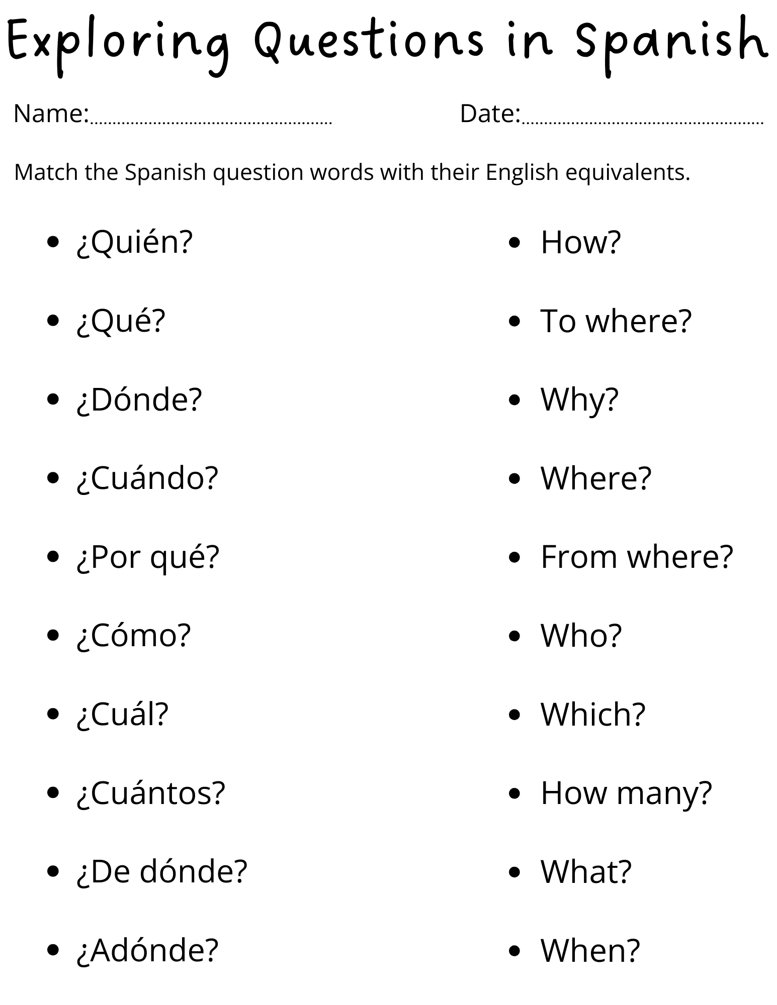 Printable Spanish Question Words Worksheet For Kids | Teaching for Free Printable Elementary Spanish Worksheets