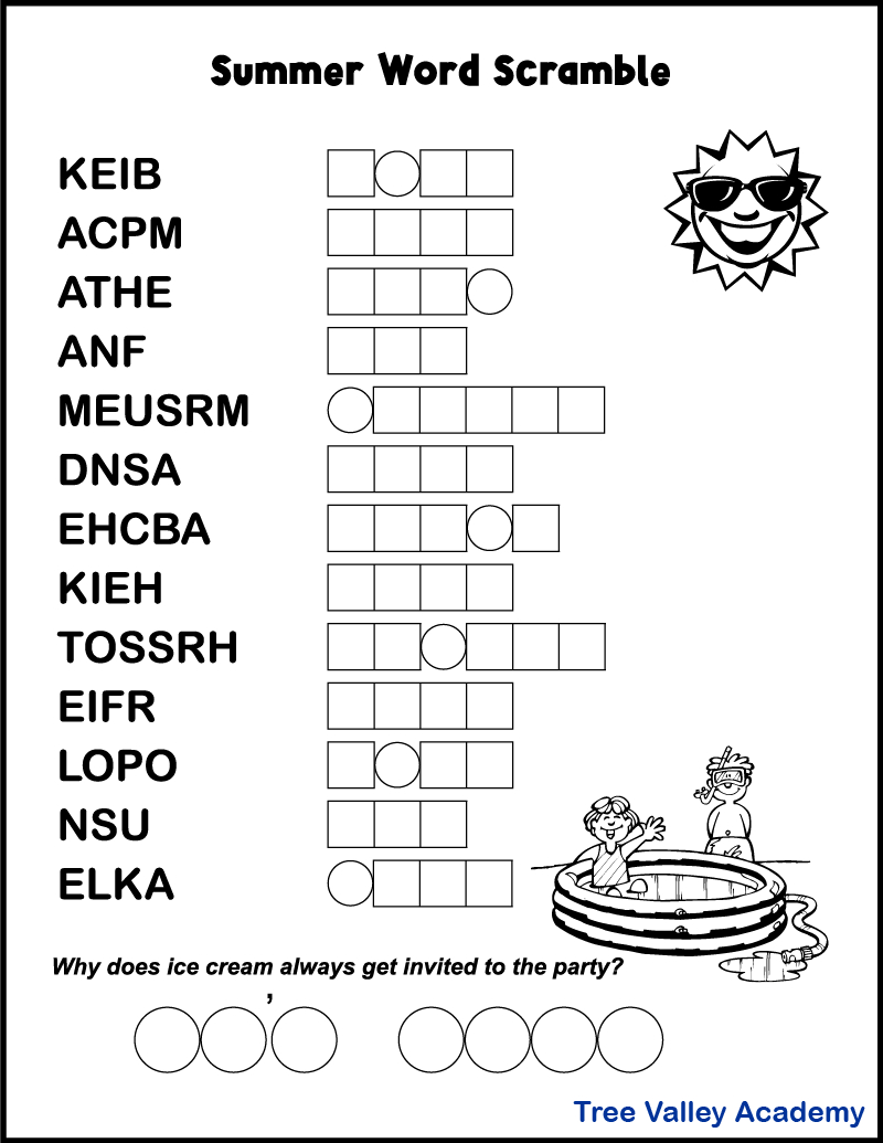 Printable Summer Word Scrambles For Kids - Tree Valley Academy intended for Free Printable Word Scramble Worksheets