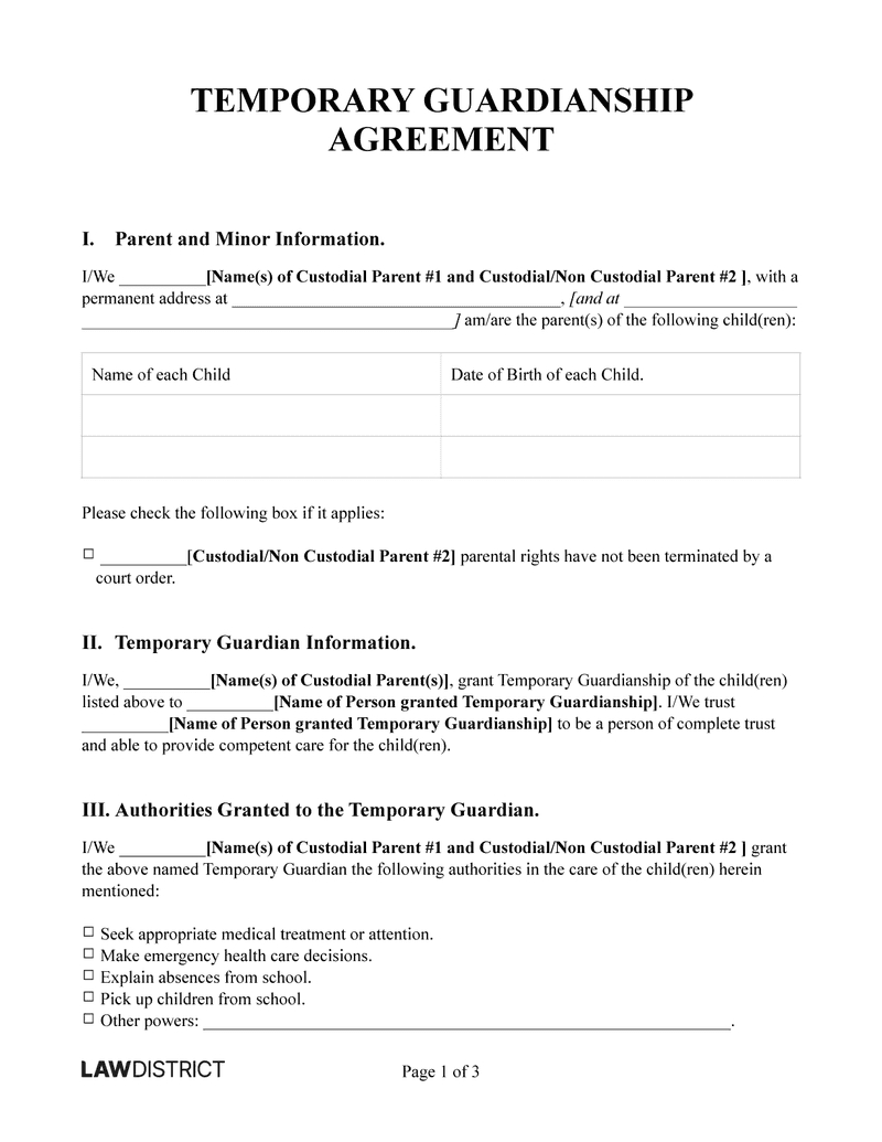 Printable Temporary Guardianship Form | Free Pdf &amp; Word | Lawdistrict inside Free Printable Temporary Guardianship Form