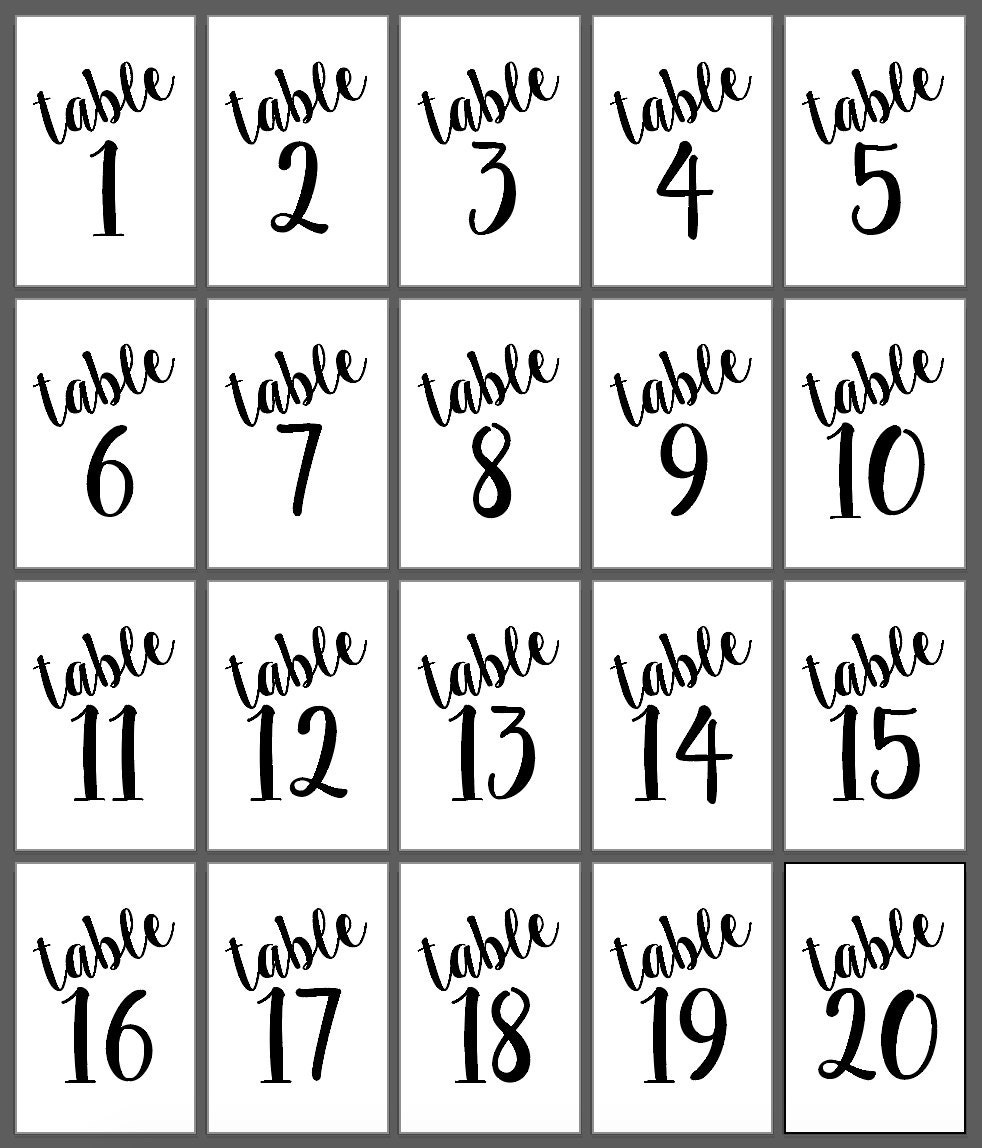 Printable Wedding Table Numbers - Table Numbers 1-20 Size 4X6 pertaining to Free Printable Table Numbers 1 20