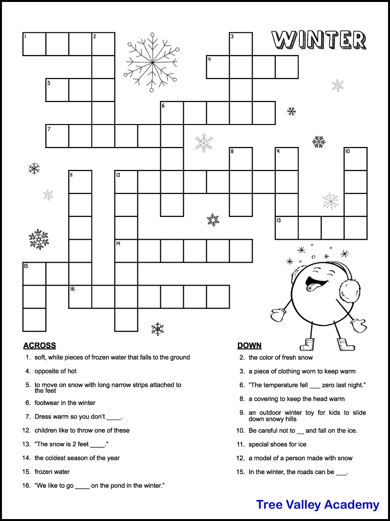 Printable Winter Crossword Puzzles For Kids - Tree Valley Academy regarding Free Easy Printable Crossword Puzzles For Kids