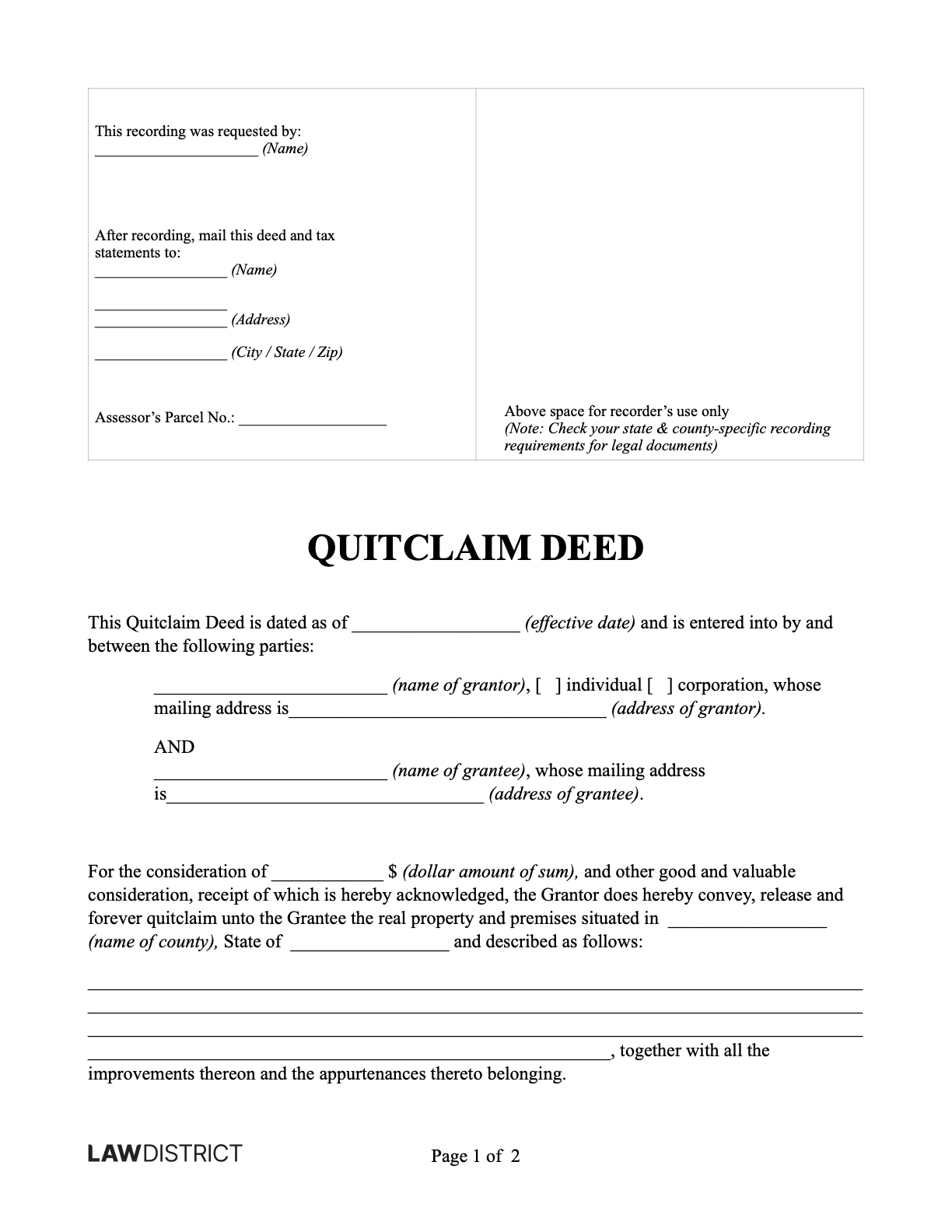 Quitclaim Deed For All Us States | Pdf & Sample | Lawdistrict intended for Free Printable Quit Claim Deed Form