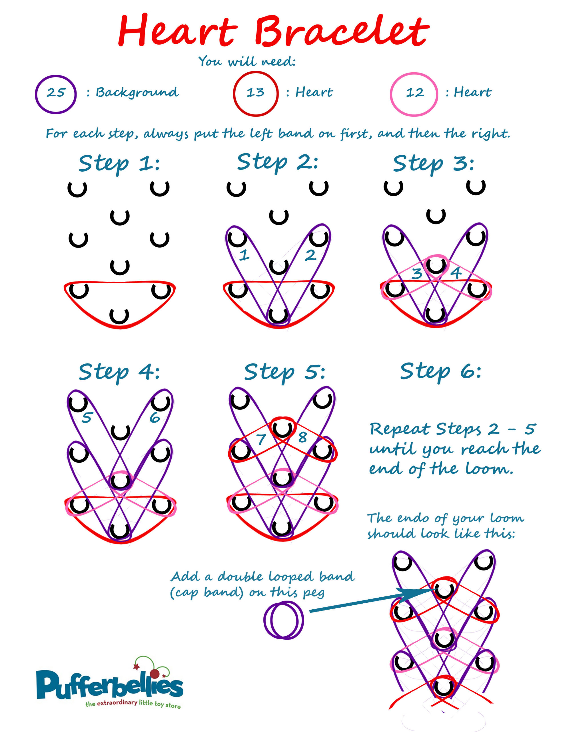 Rainbow Loom Heart Bracelet – Written Instructions | Pufferbellies within Free Printable Loom Bracelet Patterns