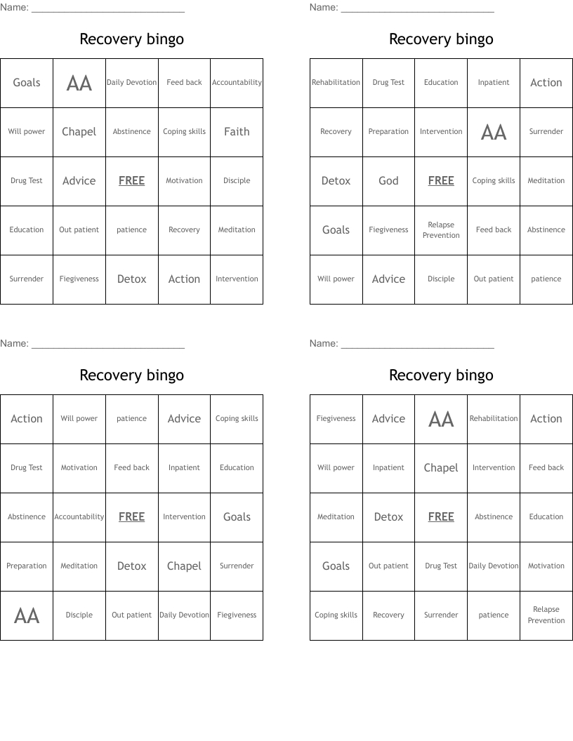 Recovery Bingo - Wordmint within Free Printable Recovery Games
