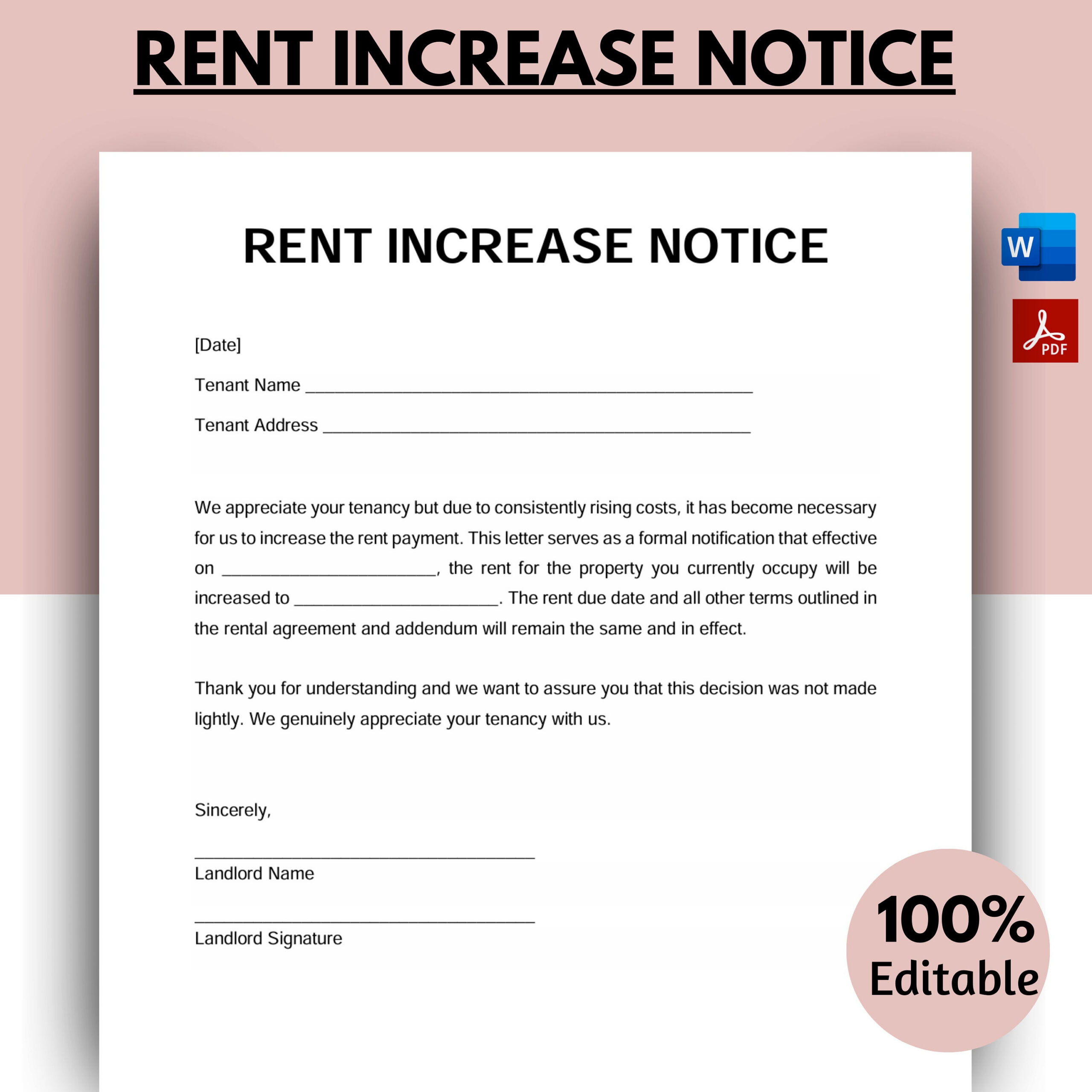 Rent Increase Notice, Rent Increase Letter, Rent Increase Form intended for Free Printable Rent Increase Letter Uk