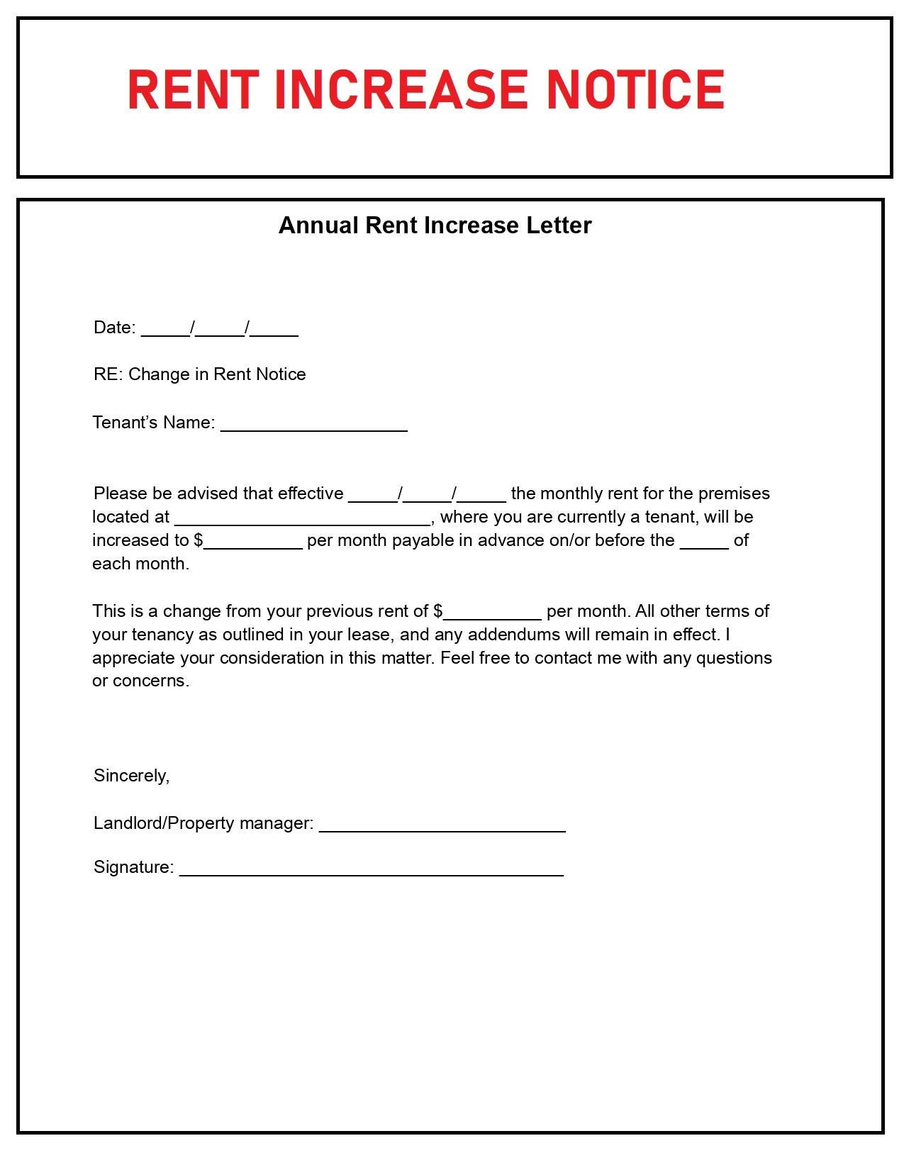 Rental Increase Notice - Rent Increase Form - Editable Word Doc intended for Free Printable Rent Increase Letter