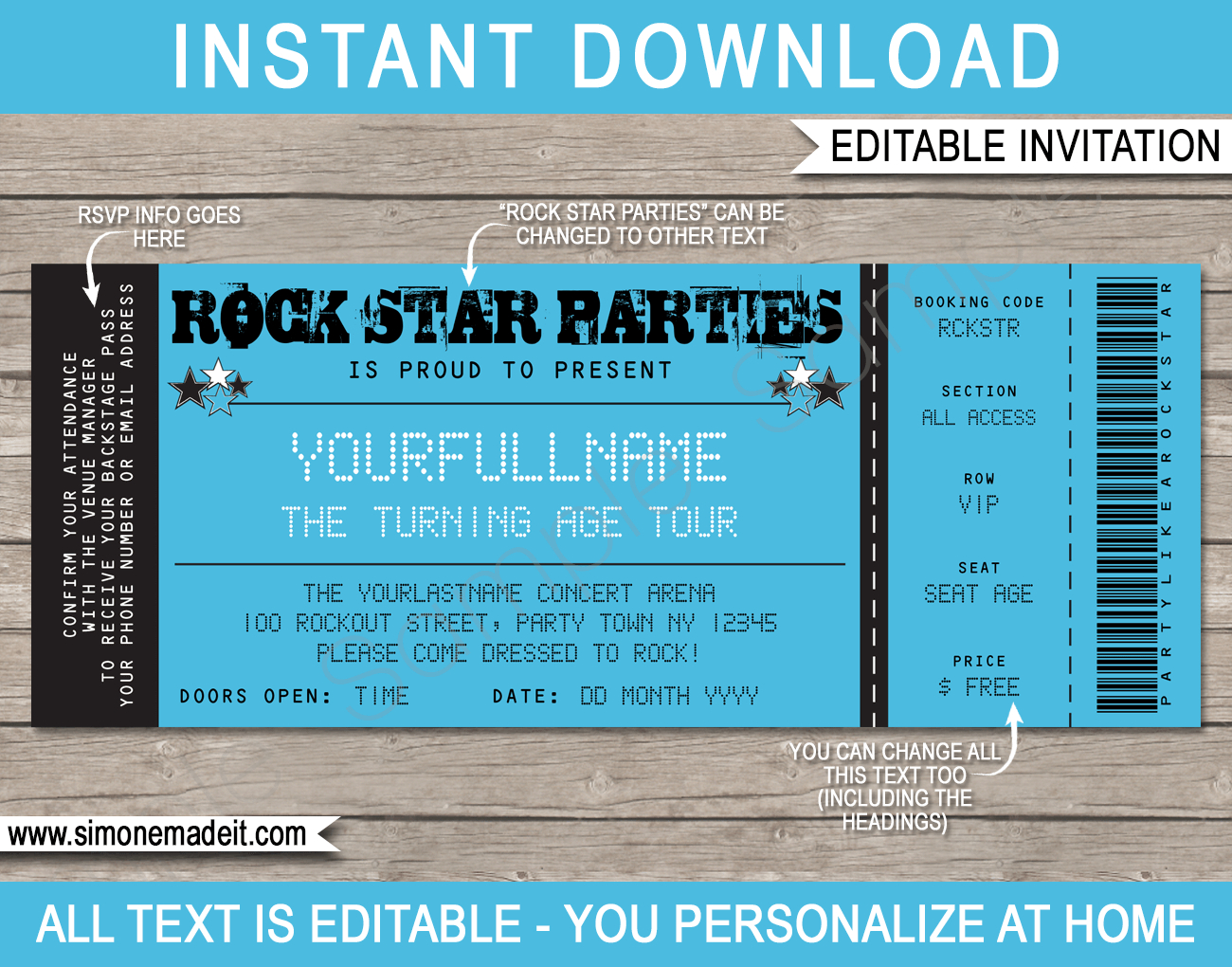 Rockstar Birthday Party Ticket Invitation Template - Blue in Free Printable Rockstar Birthday Invitations