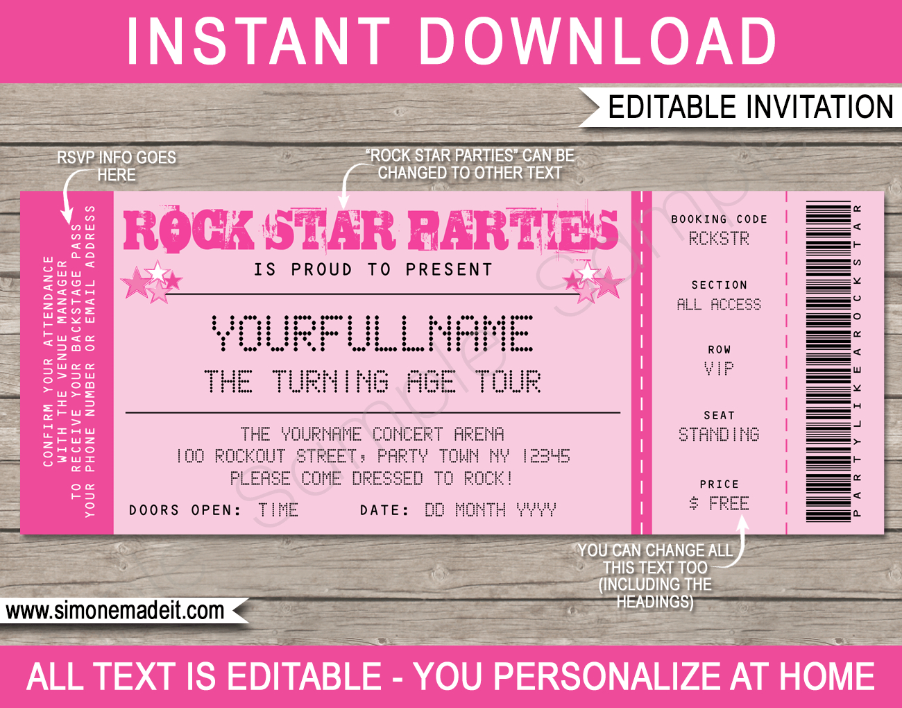 Rockstar Birthday Party Ticket Invitations Template - Pink for Free Printable Rockstar Birthday Invitations
