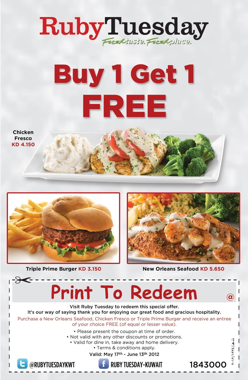Ruby Tuesday Kuwait: Ruby Tuesday Promotion: Buy One, Get One Free with regard to Ruby Tuesday Printable Coupons Buy One Get One Free