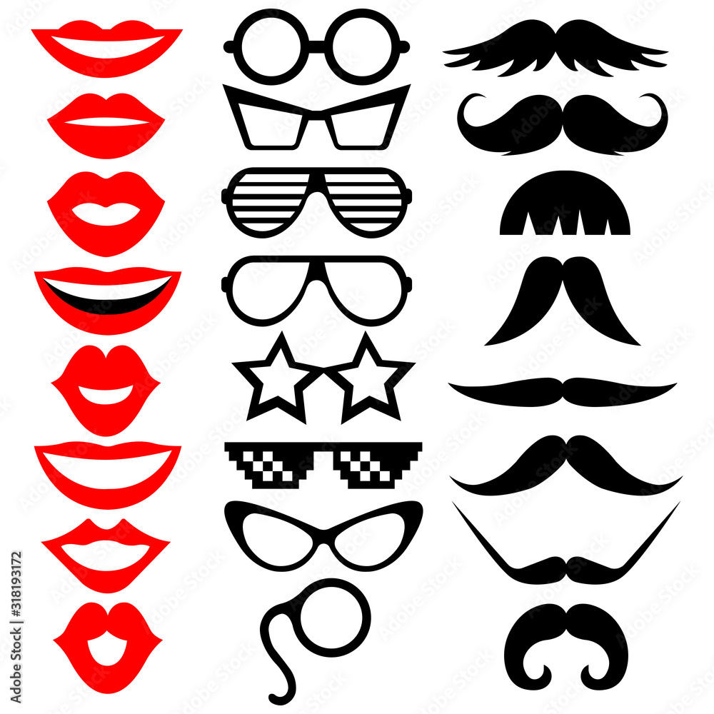 Set Of Photo Booth Props: Mustache, Eyeglasses, Lips. Vector in Free Lip And Mustache Printables