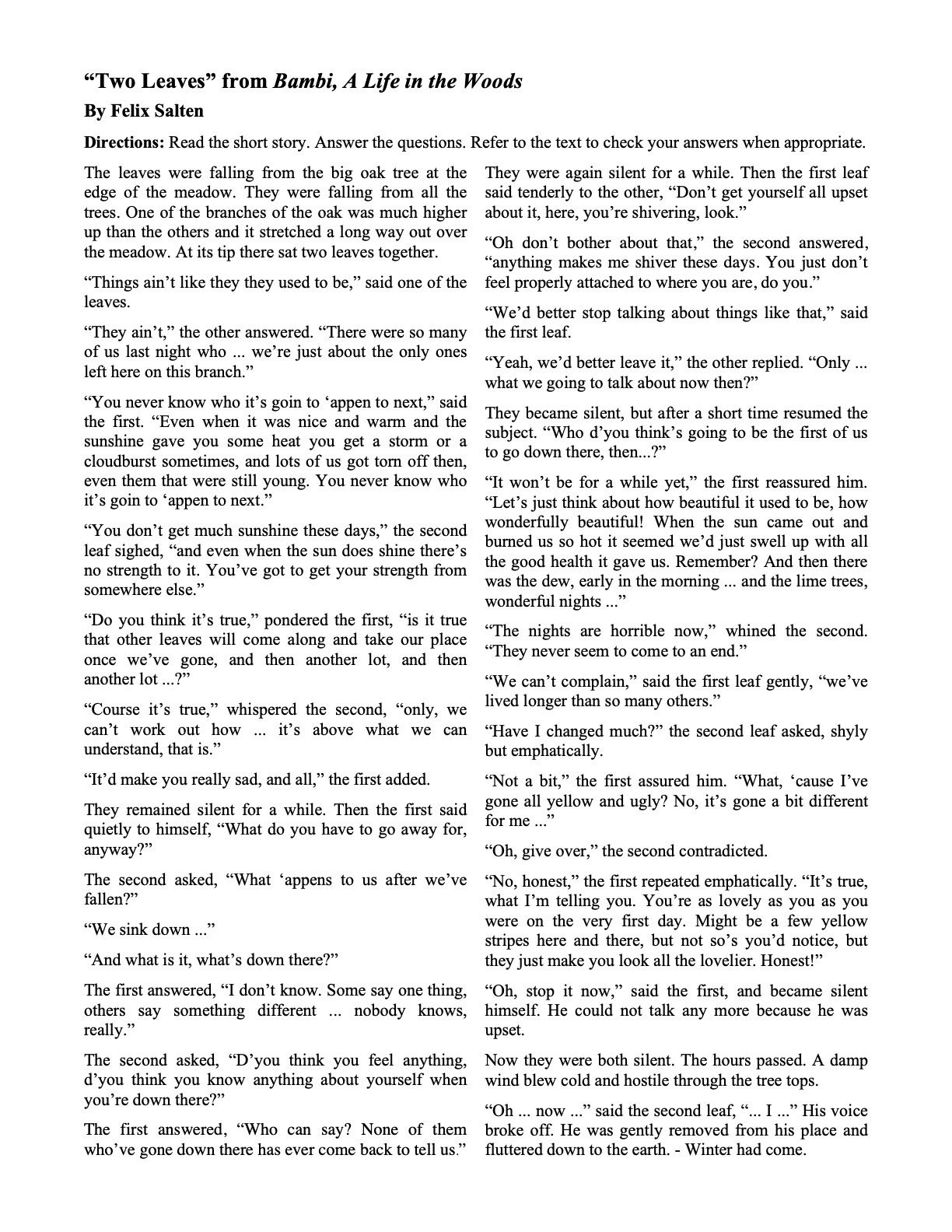 Short Stories With Questions | Ereading Worksheets throughout Free Printable Short Stories For High School Students