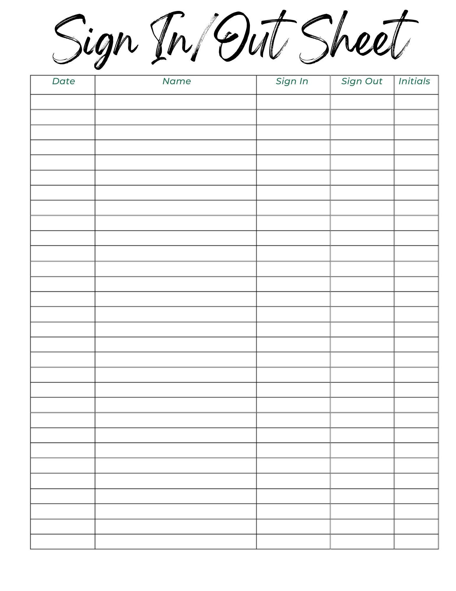 Sign In And Out Sheet Printable Form, Digital File, Instant with Free Printable Sign In And Out Sheets