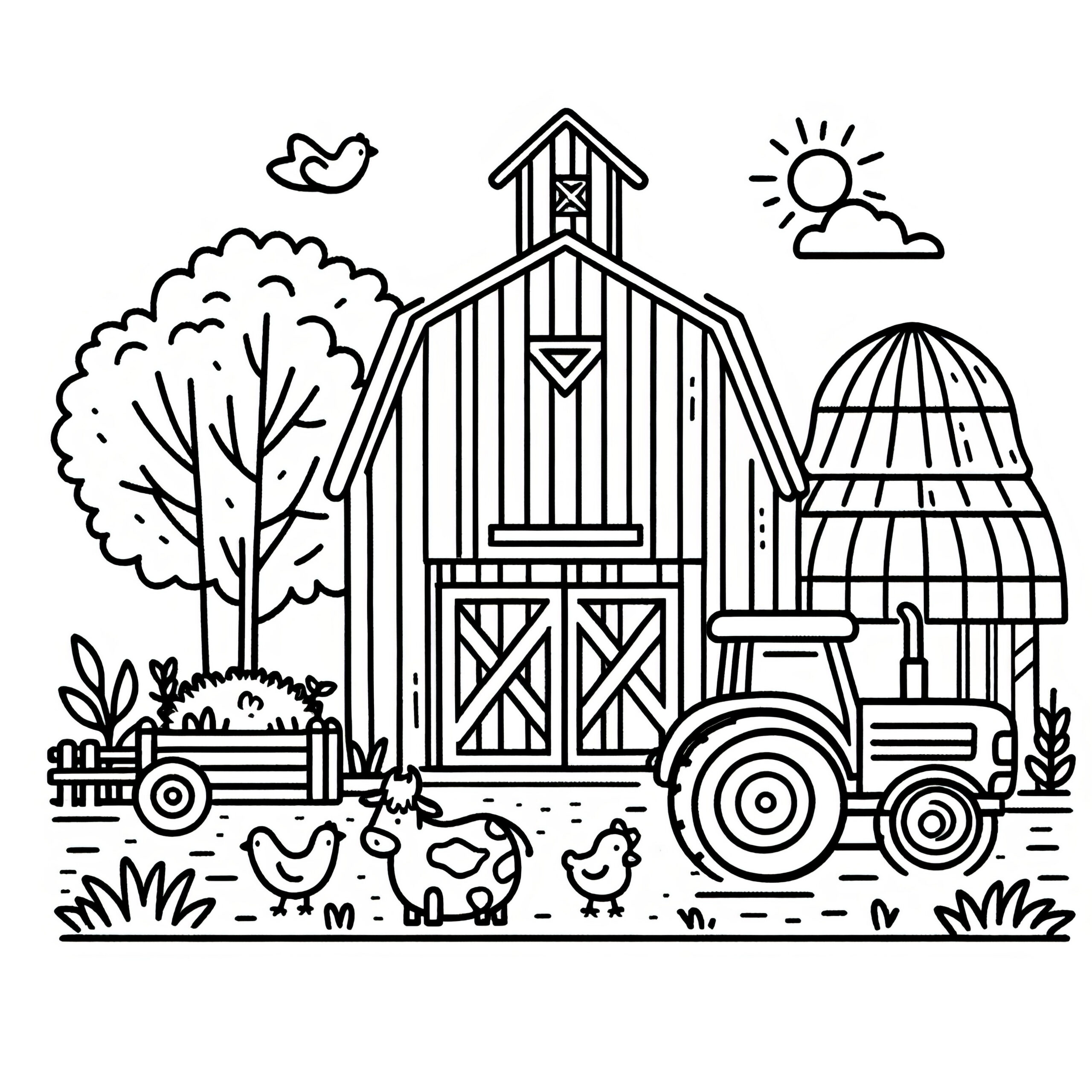 Simple Coloring Template: Barn And Tractor On Farm (Free) regarding Free Printable Barn Coloring Pages