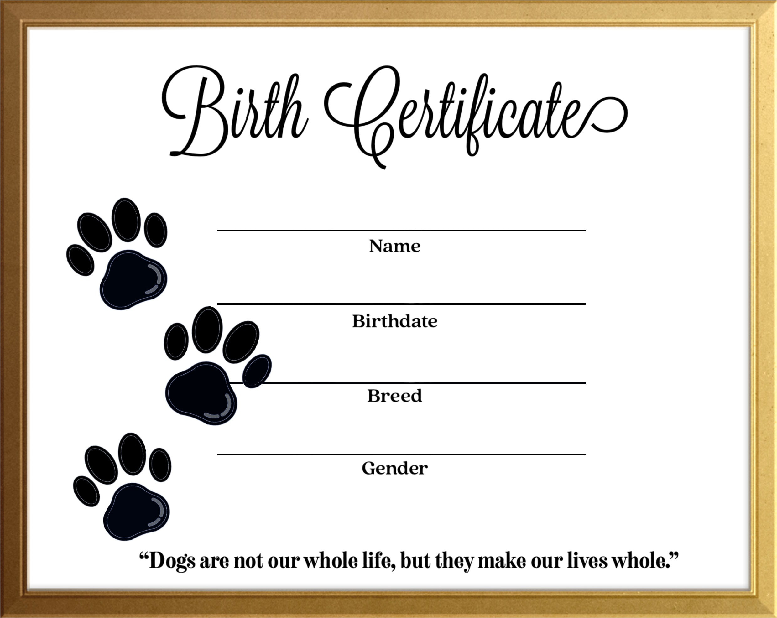 Simple Dog Canine Birth Certificate Instant Download Printable intended for Free Printable Birth Certificates For Puppies