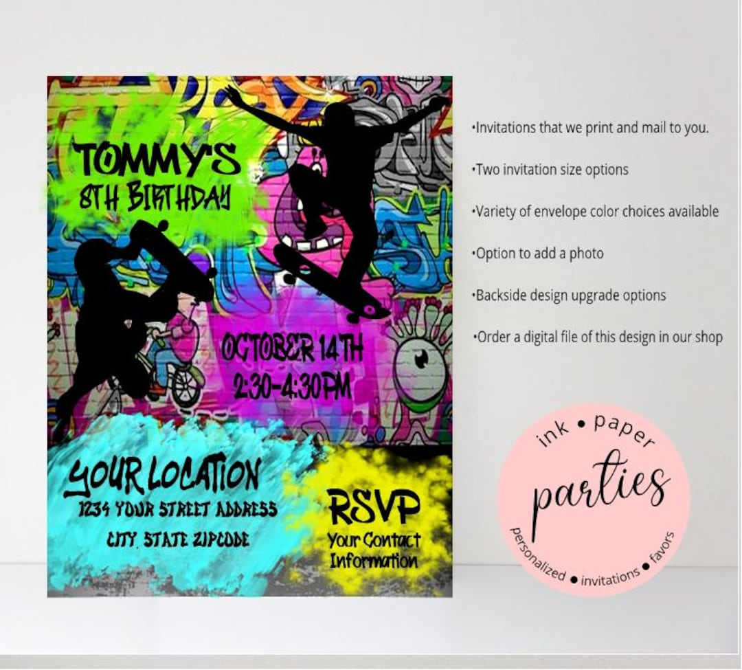 Skateboard Skateboarding Skateboarder Skater - Birthday Party Invitations -  Personalized Invites ~ We Print And Mail - Etsy.de regarding Free Printable Skateboard Birthday Party Invitations