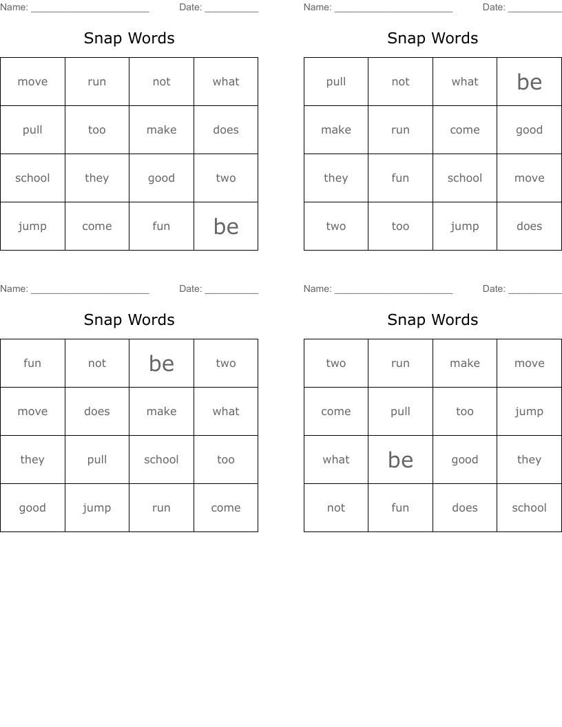 Snap Words Bingo Cards - Wordmint in Free Printable Snapwords