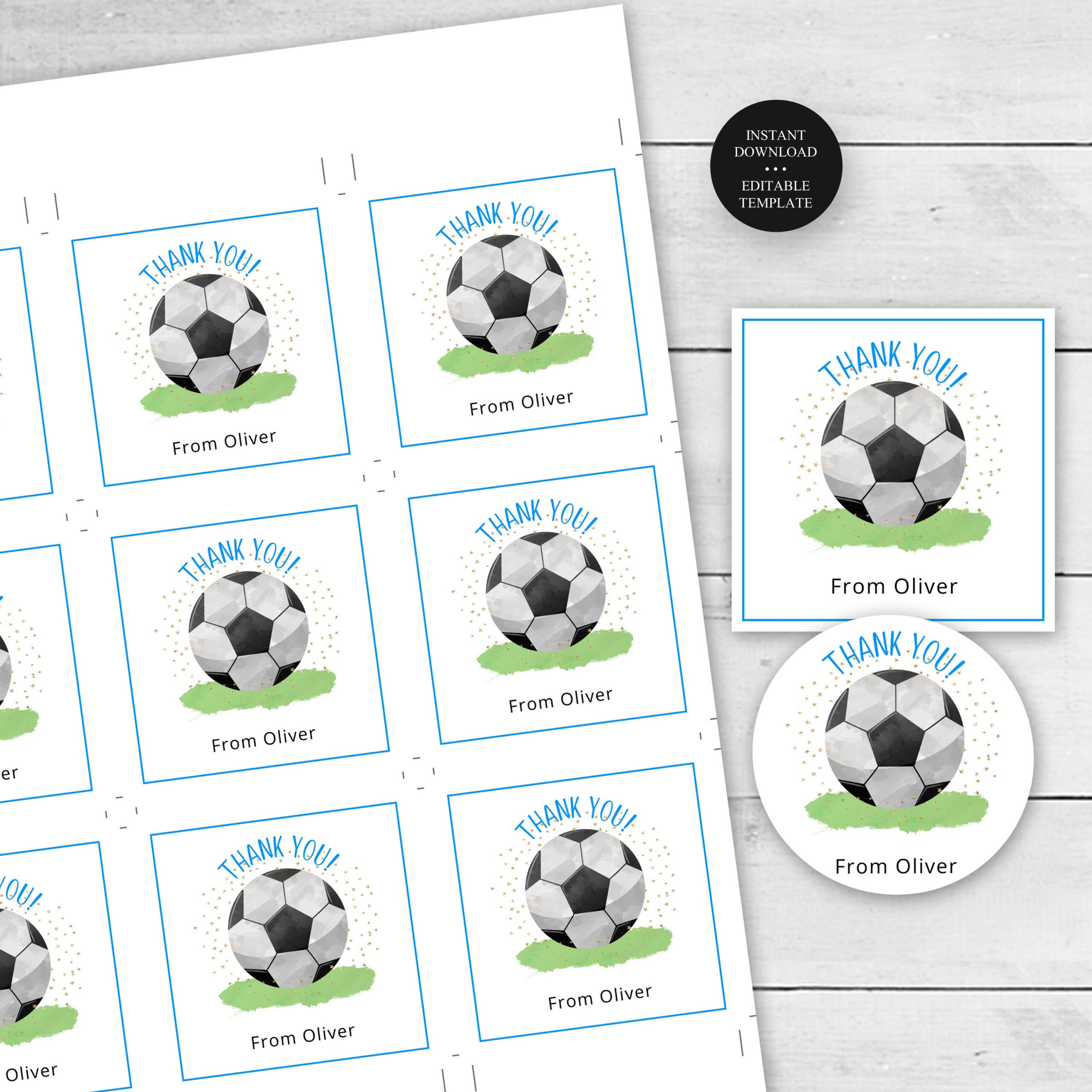 Soccer Ball Editable Favor Tags Or Stickers Blue 3 Sizes Circle regarding Free Printable Soccer Thank You Cards