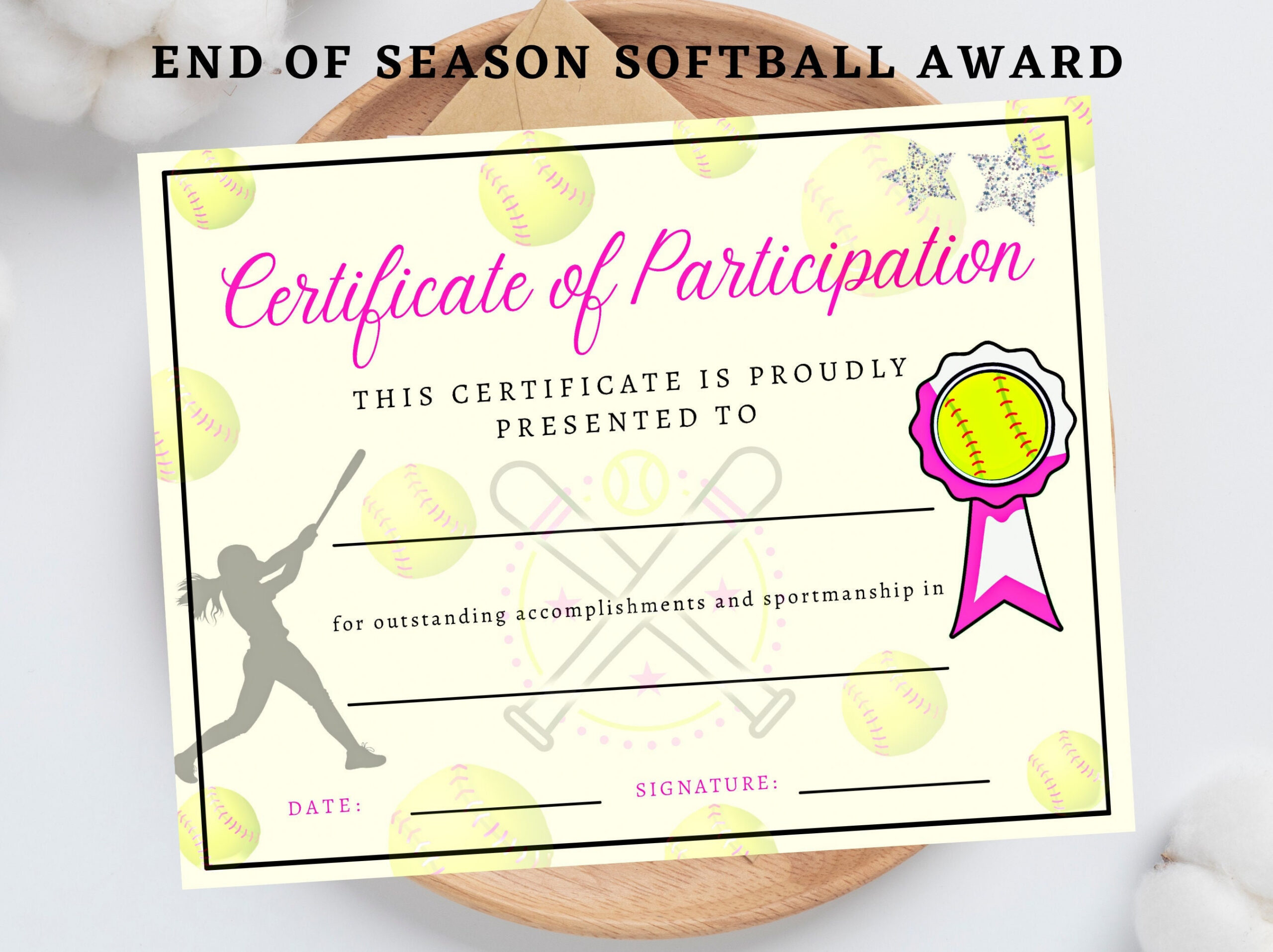 Softball Certificate, Instant Download, Team Participation Award regarding Free Printable Softball Certificates