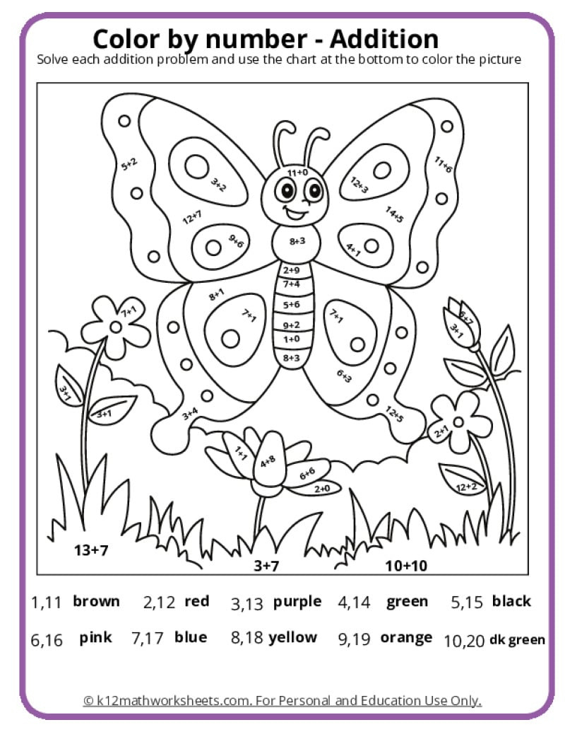 Spring Colornumber Pages - K12 Math Worksheets with Free Printable Math Coloring Worksheets For 2Nd Grade