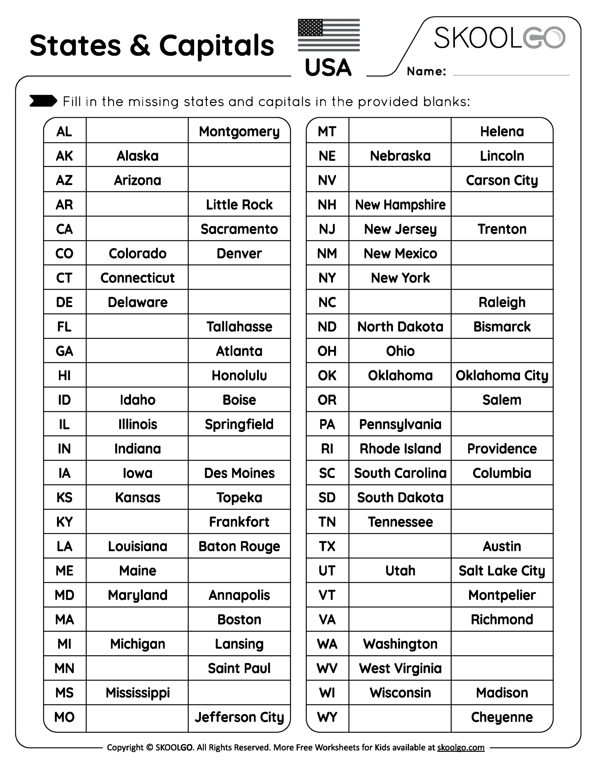 States And Capitals - Free Worksheet For Kids - Skoolgo for Free Printable States And Capitals Worksheets