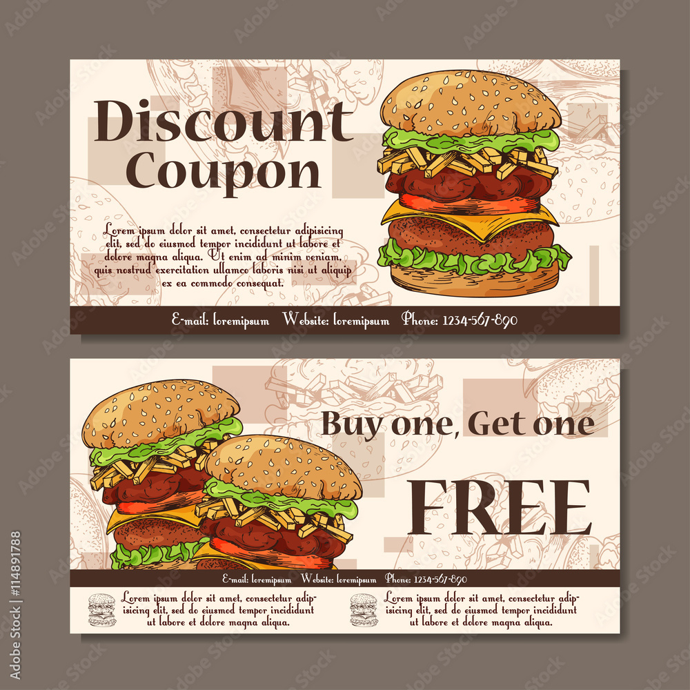 Stock-Vektorgrafik „Voucher Template Design. Modern Style For Cafe in Free Online Printable Fast Food Coupons