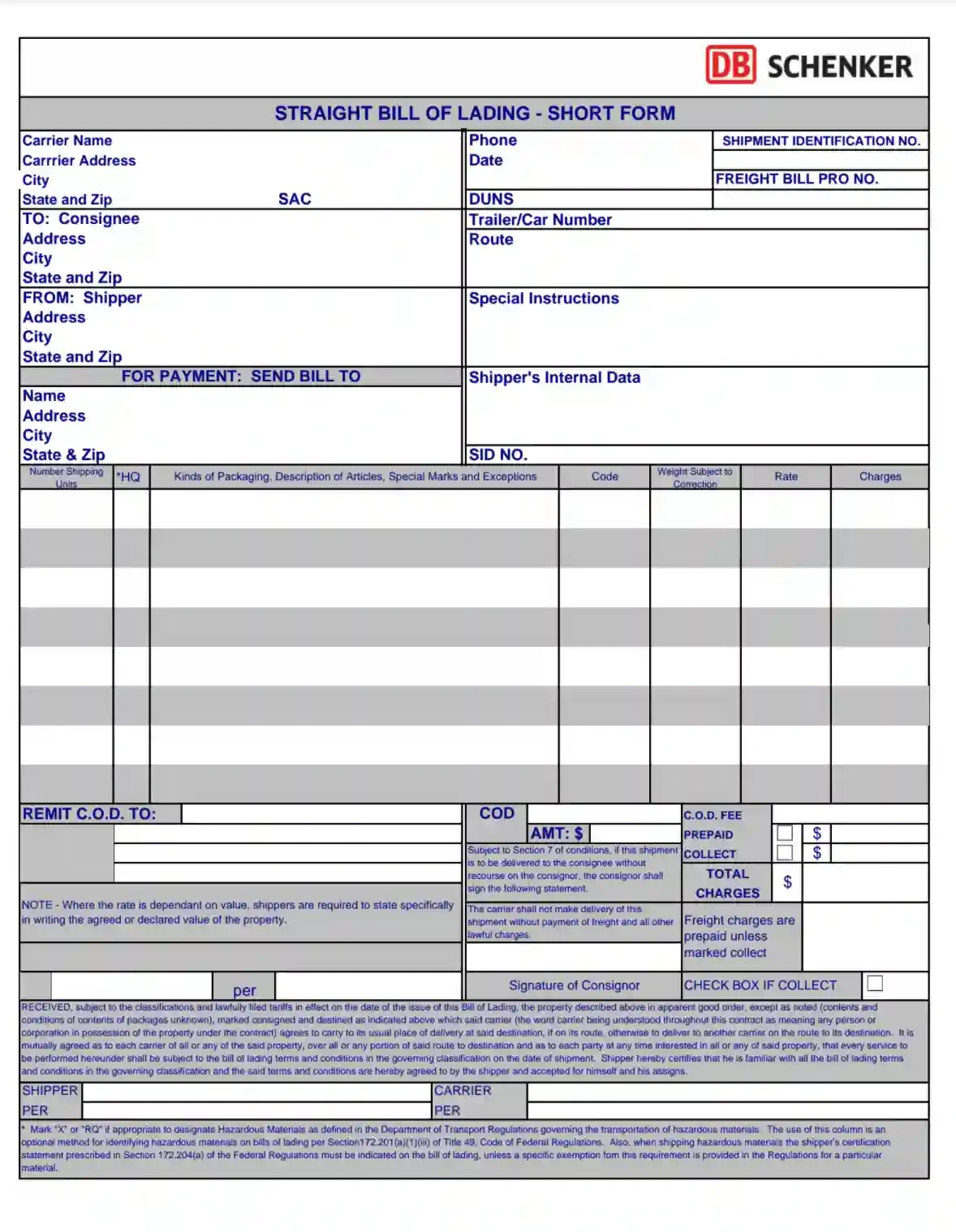 Straight Bill Of Lading Form ≡ Fill Out Printable Bol Short Form throughout Free Printable Straight Bill Of Lading