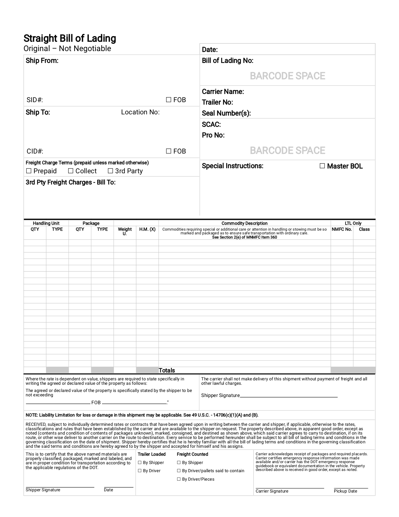 Straight Bill Of Lading | Printable Template throughout Free Printable Straight Bill Of Lading