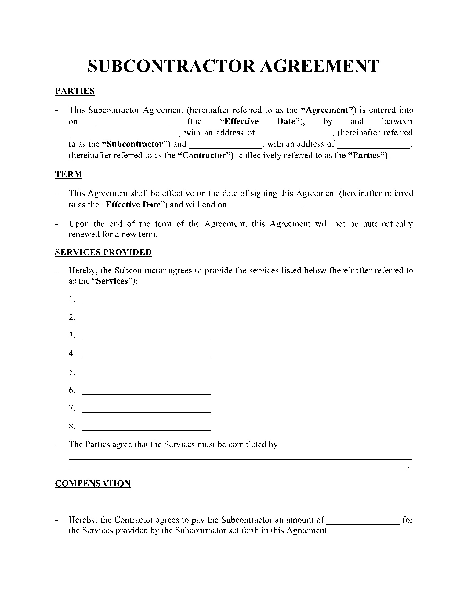Subcontractor Agreement Template (100% Free) | Cocosign inside Free Printable Subcontractor Agreement