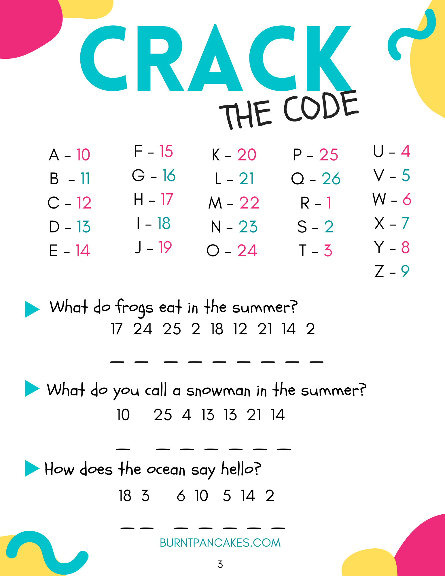 Summer Jokes - Crack The Code Printable - Burnt Pancakes regarding Crack The Code Worksheets Printable Free
