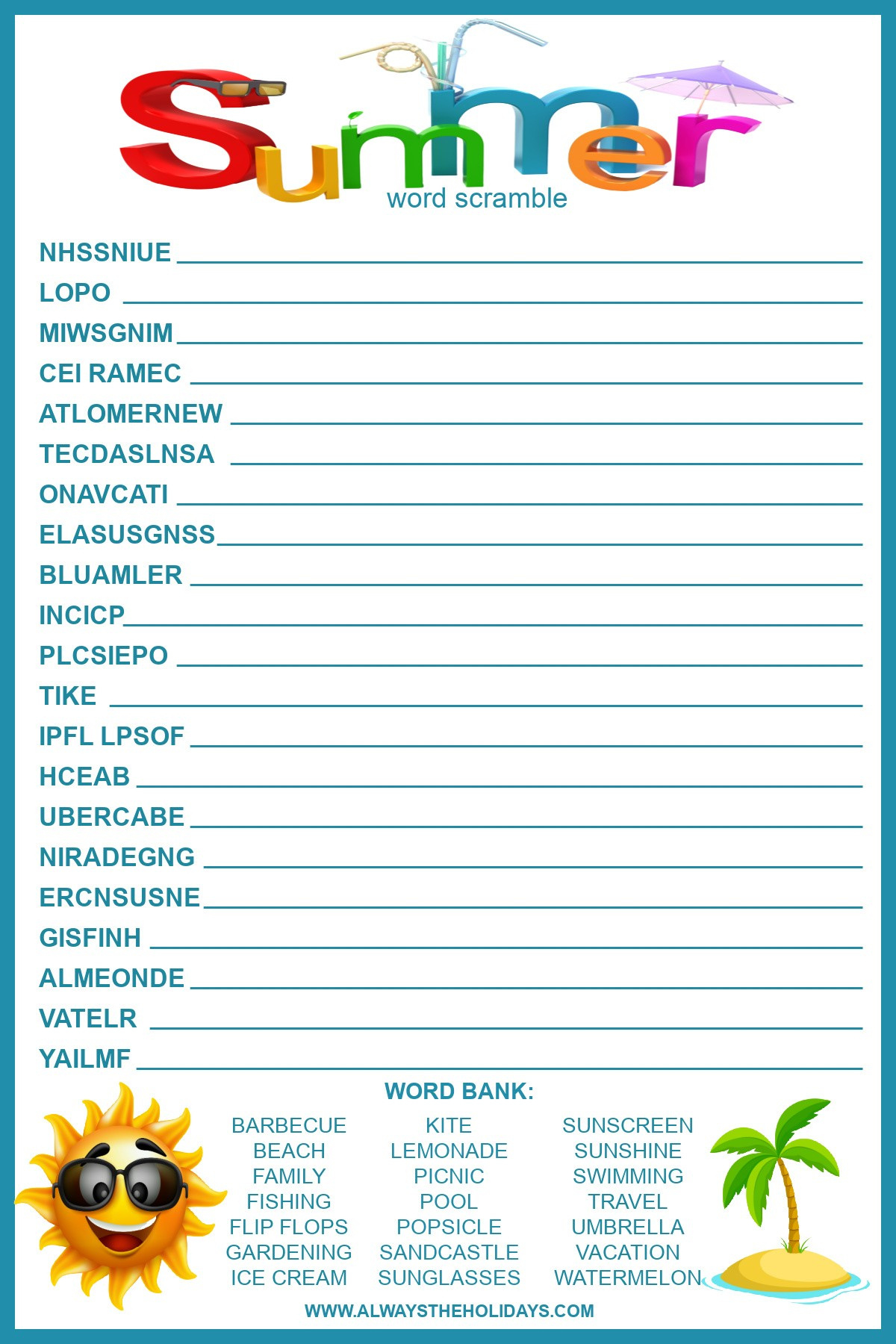 Summer Word Scramble With Answers - Free Summer Printable For Kids regarding Free Printable Word Scramble Worksheets