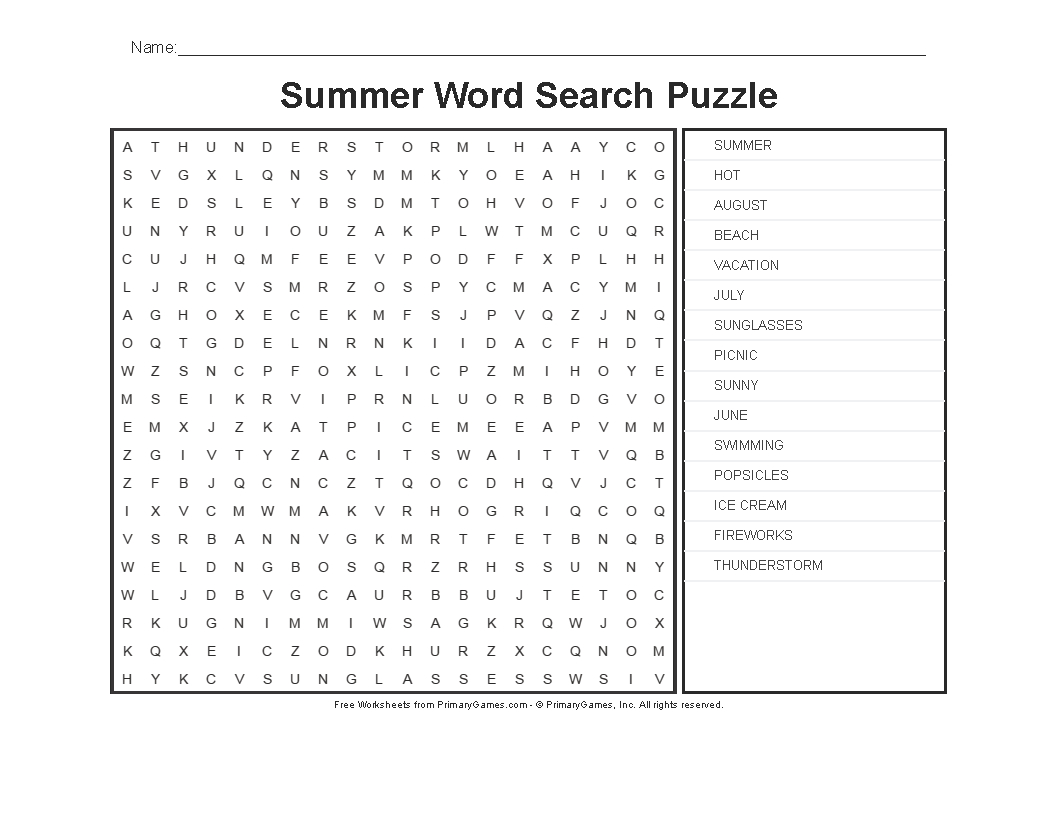 Summer Worksheets: Summer Word Search Puzzle • Free Online Games regarding Free Online Printable Word Search