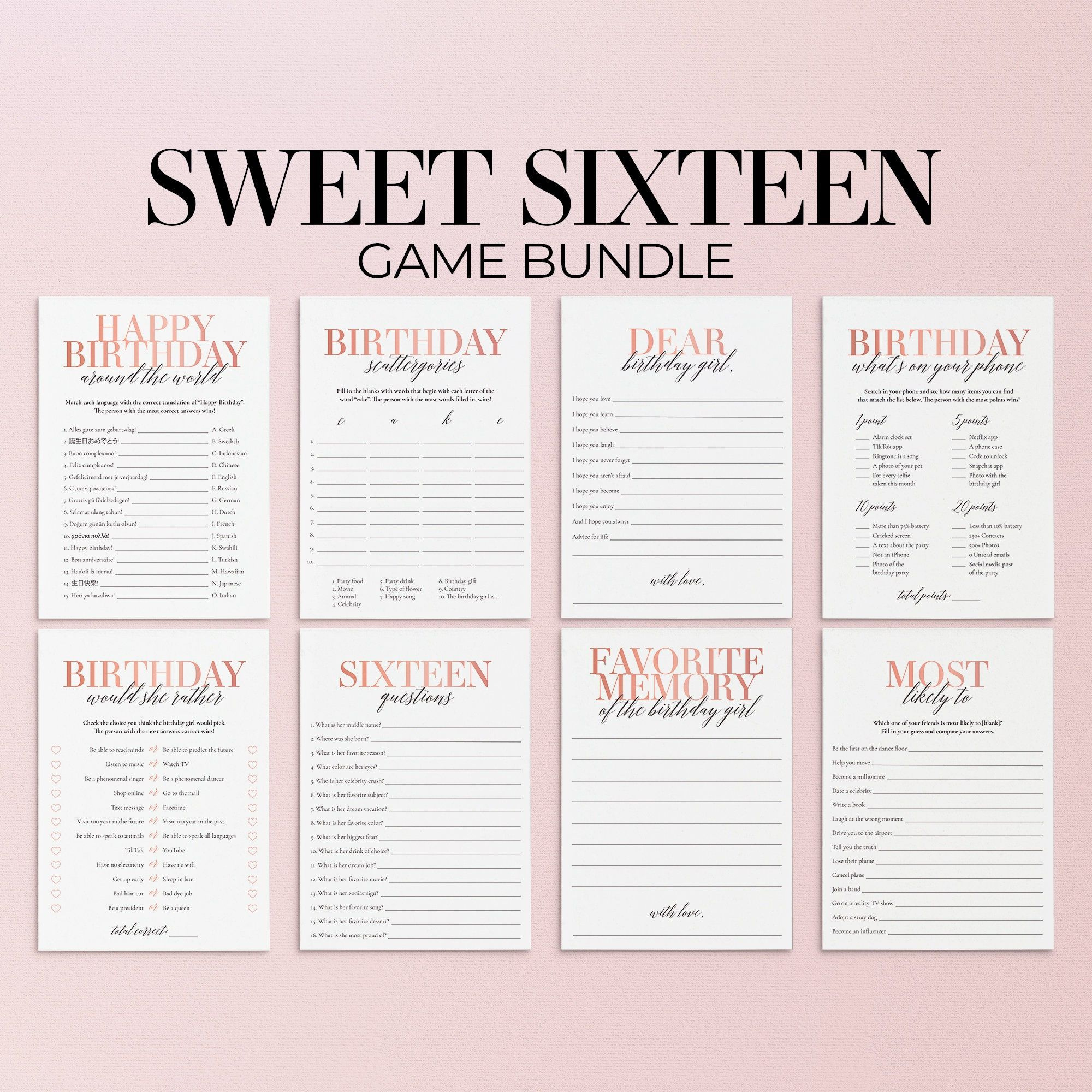 Sweet 16 Games Bundle Printable 16Th Birthday Games Sweet 16 Party pertaining to Free Printable Women's Party Games