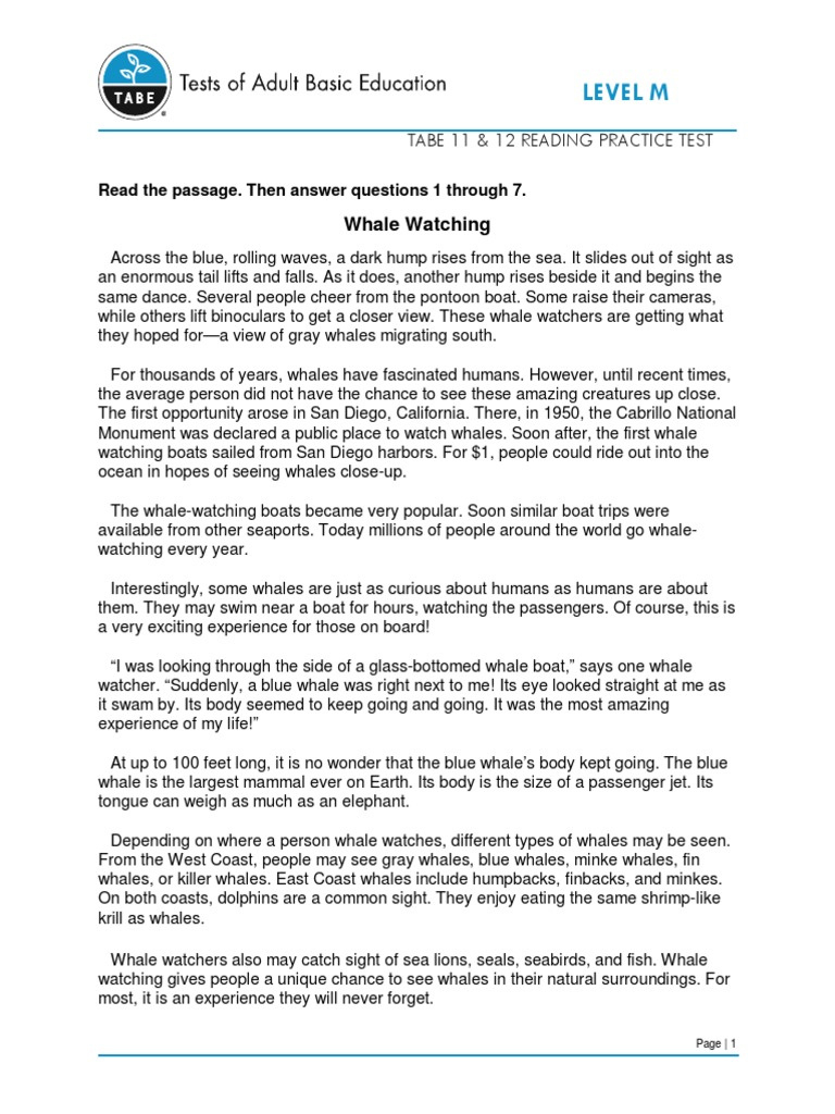 Tabe 11 12 Reading M | Pdf | Whales | Mammals - Worksheets Library within Tabe Practice Test Free Printable