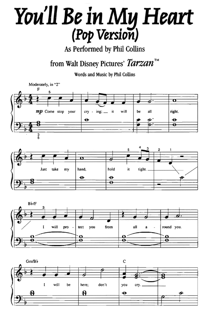 Tarzan You&amp;#039;Ll Be In My Heart Easy Piano Sheet Music | Easy Sheet Music pertaining to Free Printable Sheet Music For Piano Beginners Popular Songs