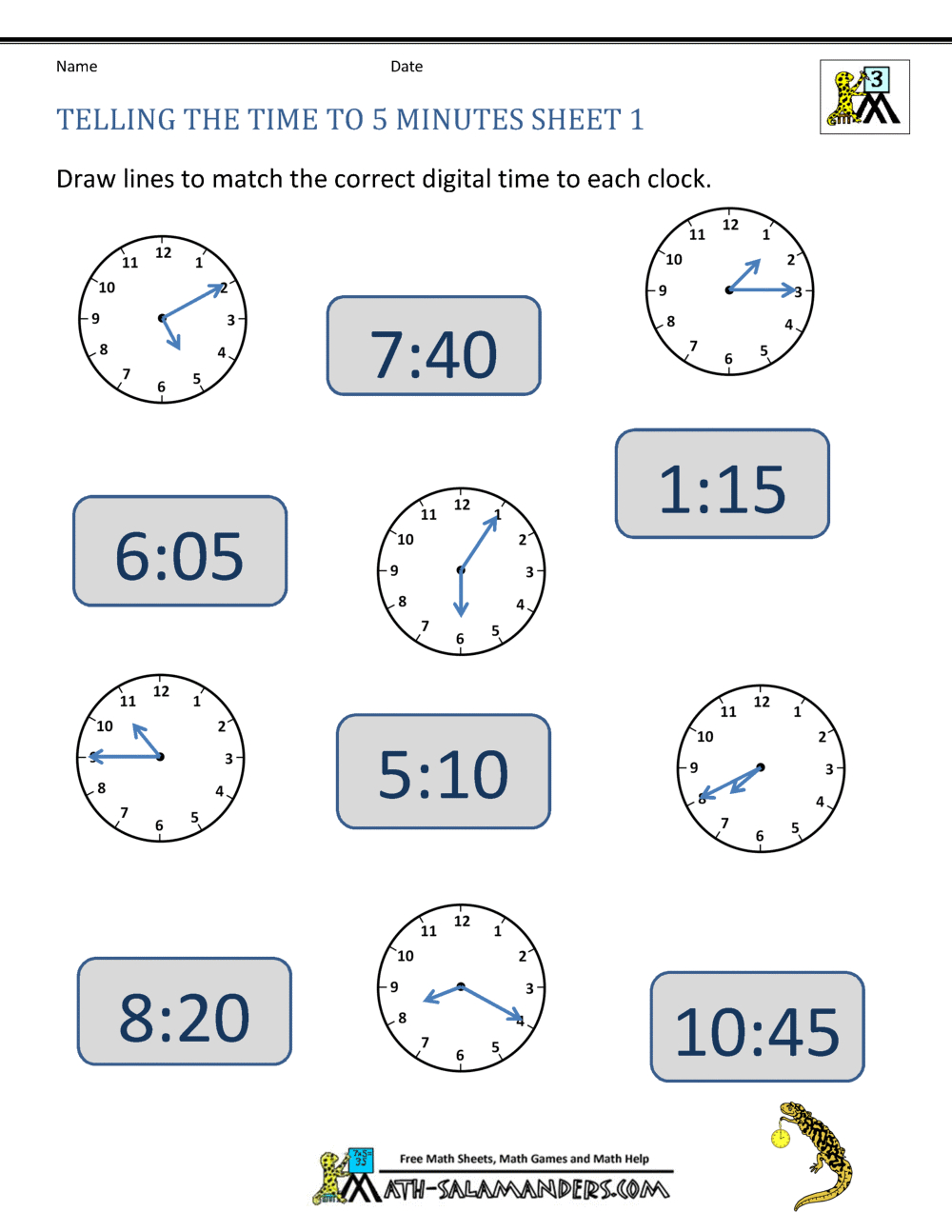 Telling Time To 5 Minutes Worksheets with regard to Free Printable Time Worksheets For Grade 3