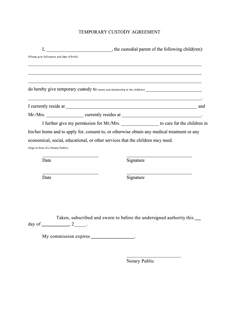 Temporary Custody Agreement Form - Fill Online, Printable in Free Printable Guardianship Forms