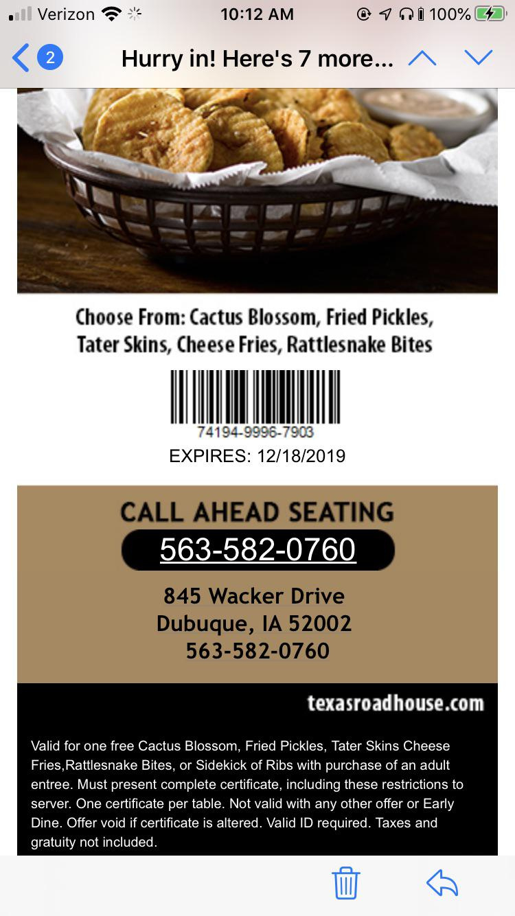 Texas Roadhouse Free App Or Ribs Sidekick : R/Singleusecodes in Texas Roadhouse Printable Coupons Free Appetizer