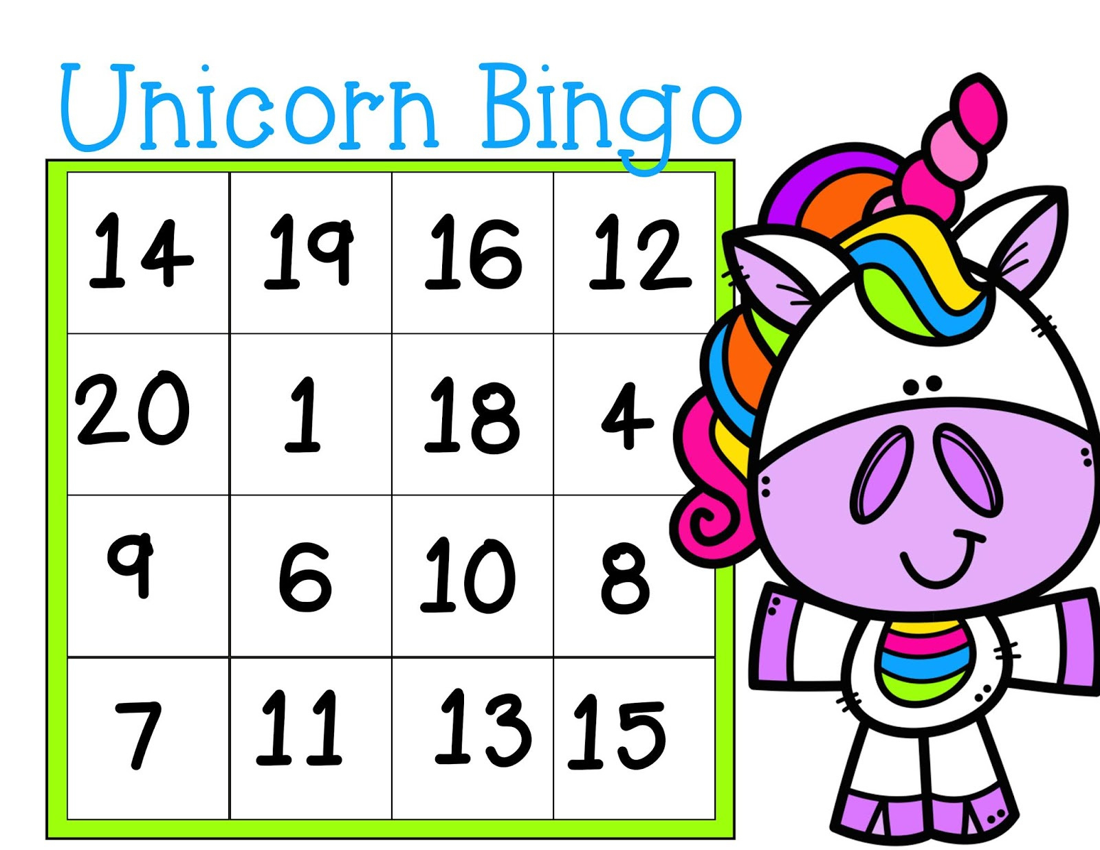The Cozy Red Cottage: Free Unicorn Bingo (Numbers 1-20) within Free Printable Number Bingo Cards 1 20
