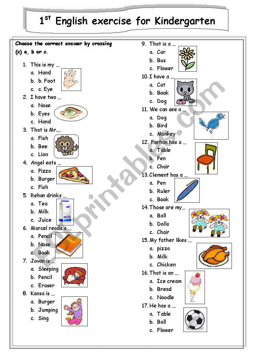 The First English Test For Kindergarten Student - Esl Worksheet inside Free Esl Assessment Test Printable