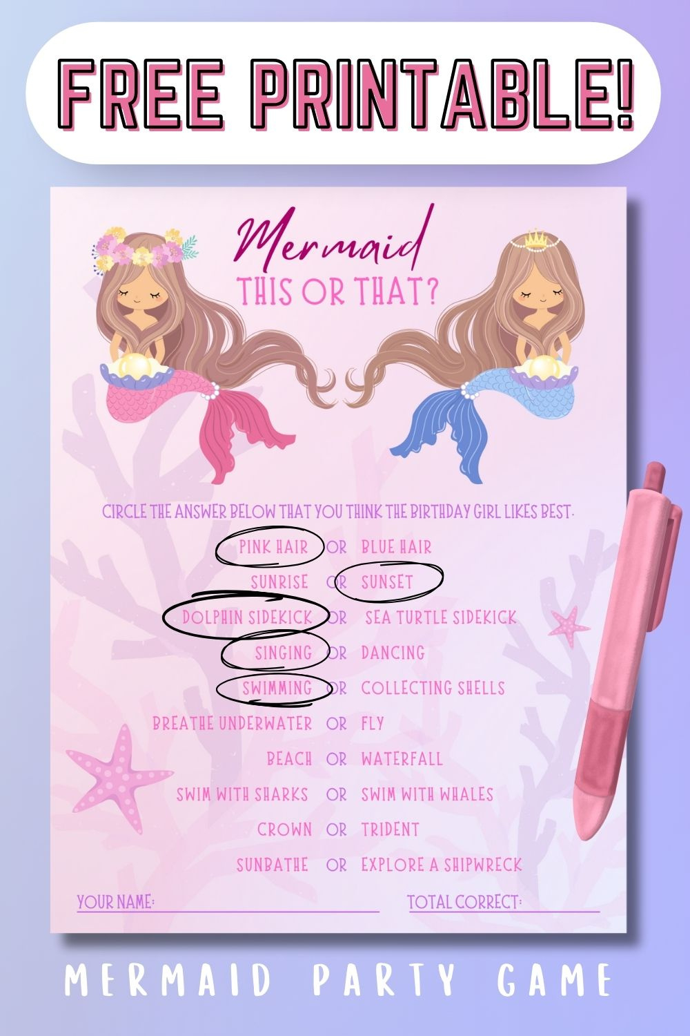 This Or That Printable - Free Mermaid Party Game pertaining to Free Mermaid Party Printables
