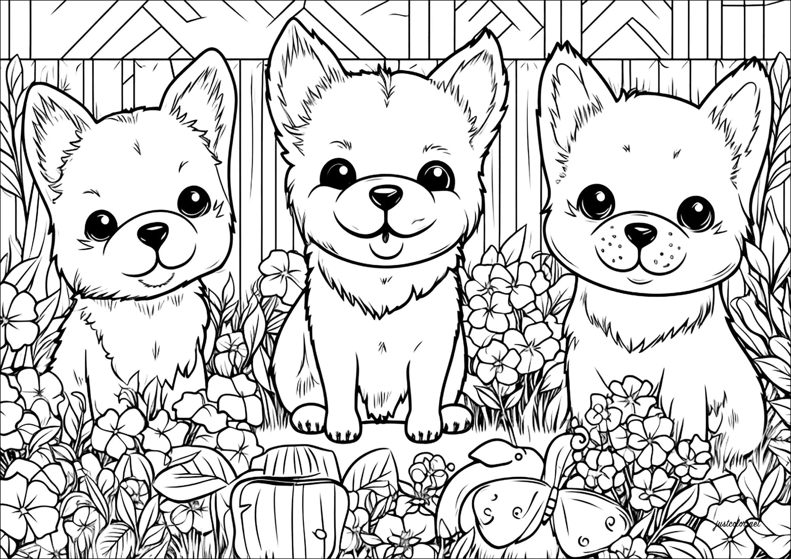Three Little Dogs In A Flower Garden - Dog Coloring Pages For Adults throughout Free Printable Dog Coloring Pages