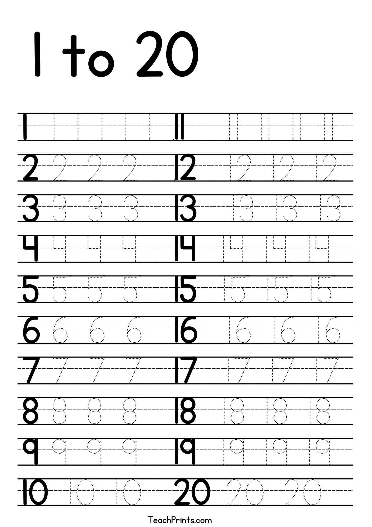 Tracing Numbers 1-20 Worksheets (Free Printable Pdfs) - Teach Prints intended for Free Printable Tracing Numbers 1 20 Worksheets