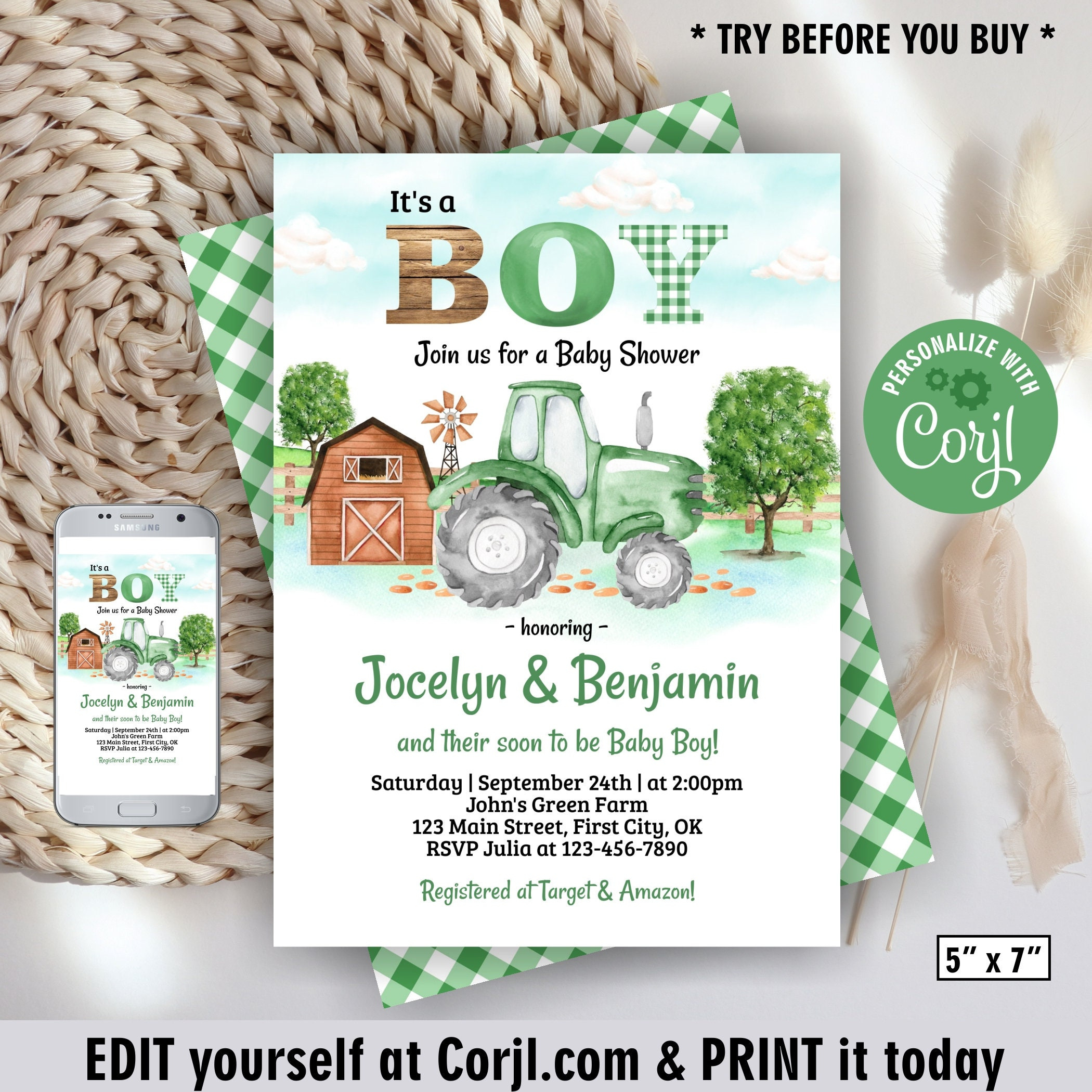Tractor / Baby / Shower / Invitation / Green / Editable / It&amp;#039;S A with regard to Free Printable John Deere Baby Shower Invitations