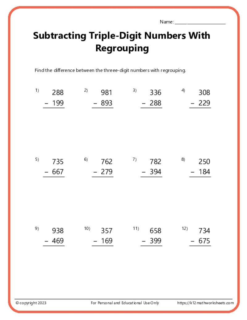 Triple Digit Subtraction With Regrouping Worksheets within Free Printable 3 Digit Subtraction With Regrouping Worksheets