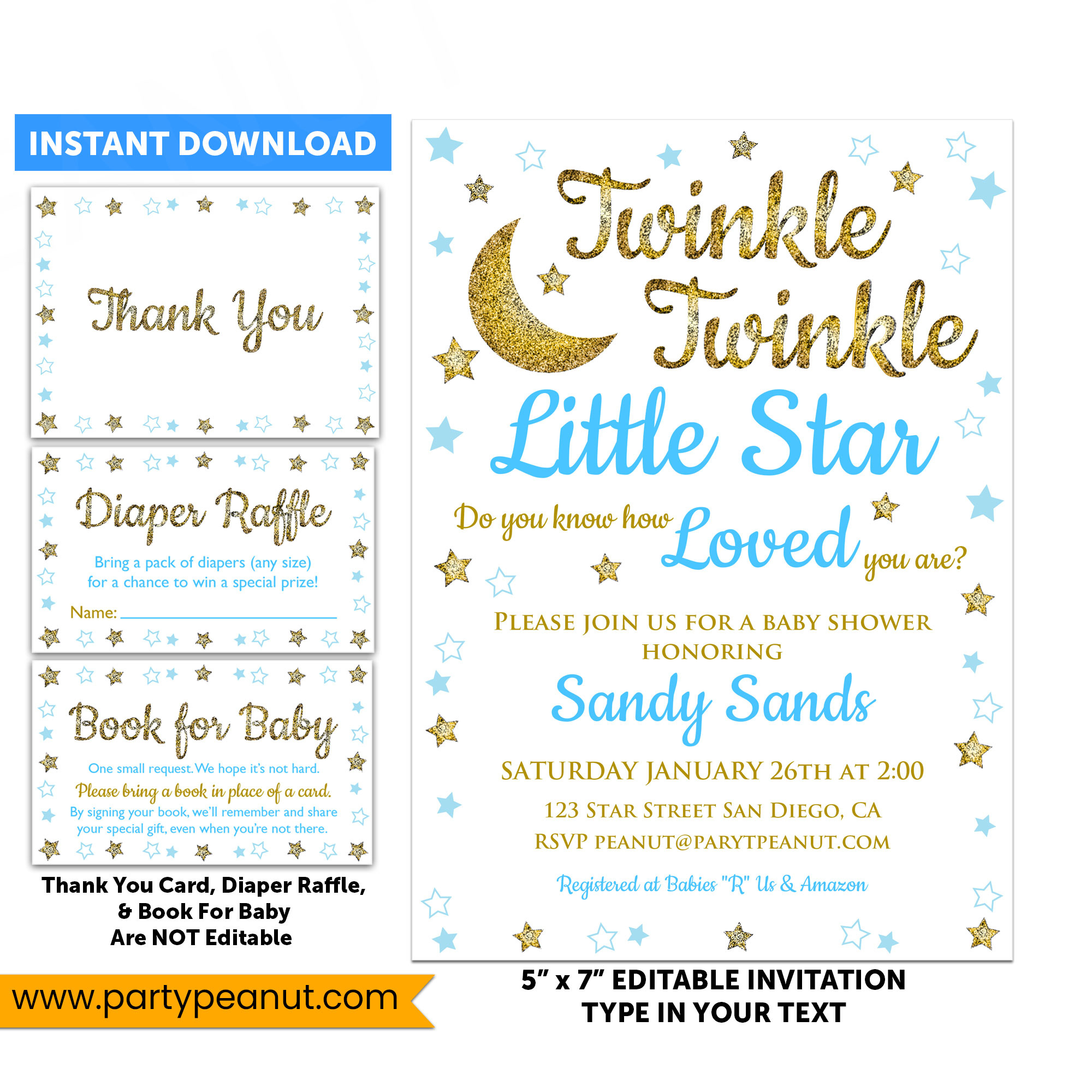 Twinkle Little Star Invitations Set Baby Shower Boy - Party Peanut regarding Free Printable Twinkle Twinkle Little Star Baby Shower Invitations