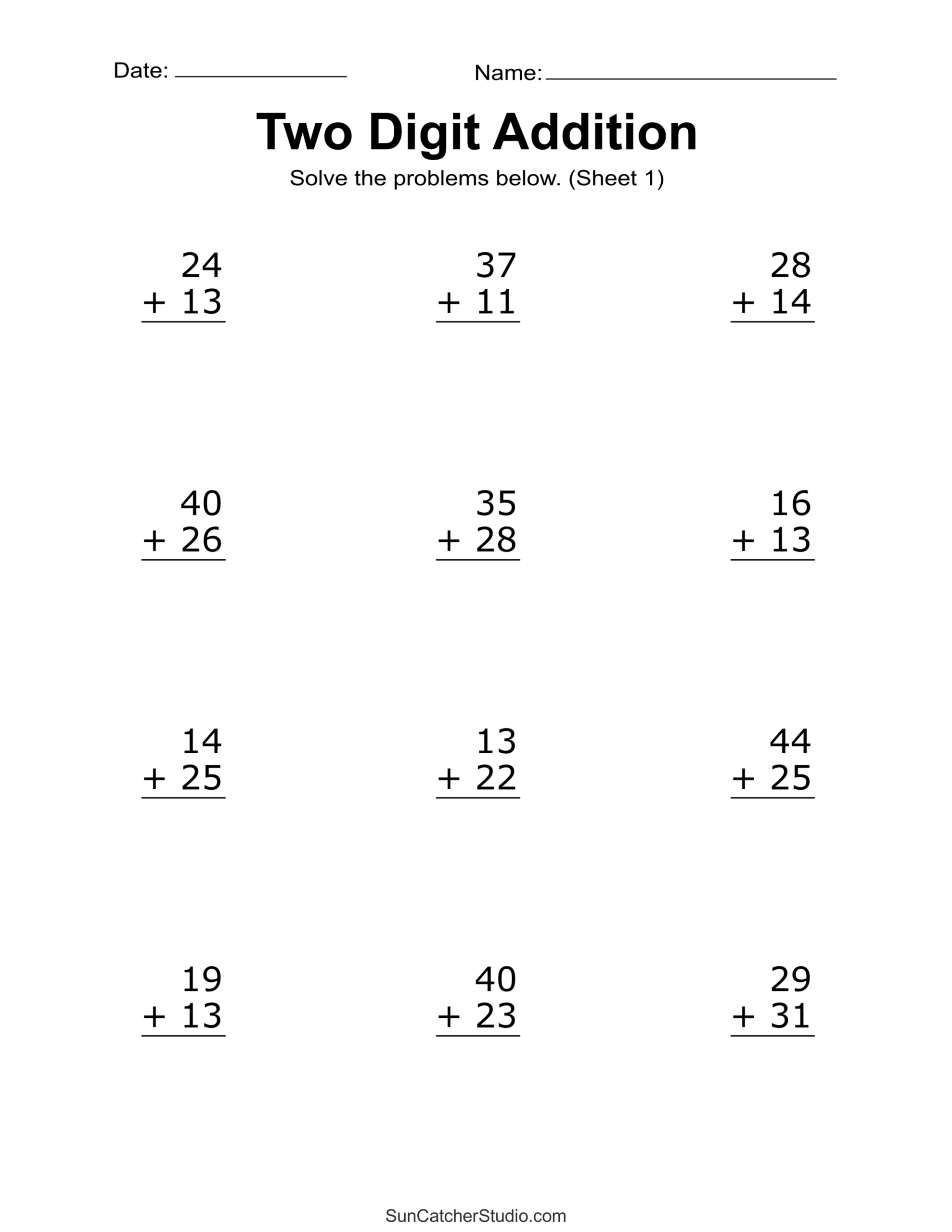 Two Digit Addition Worksheets (Printable 2-Digit Problems) – Free within Free Printable Two Digit Addition Worksheets