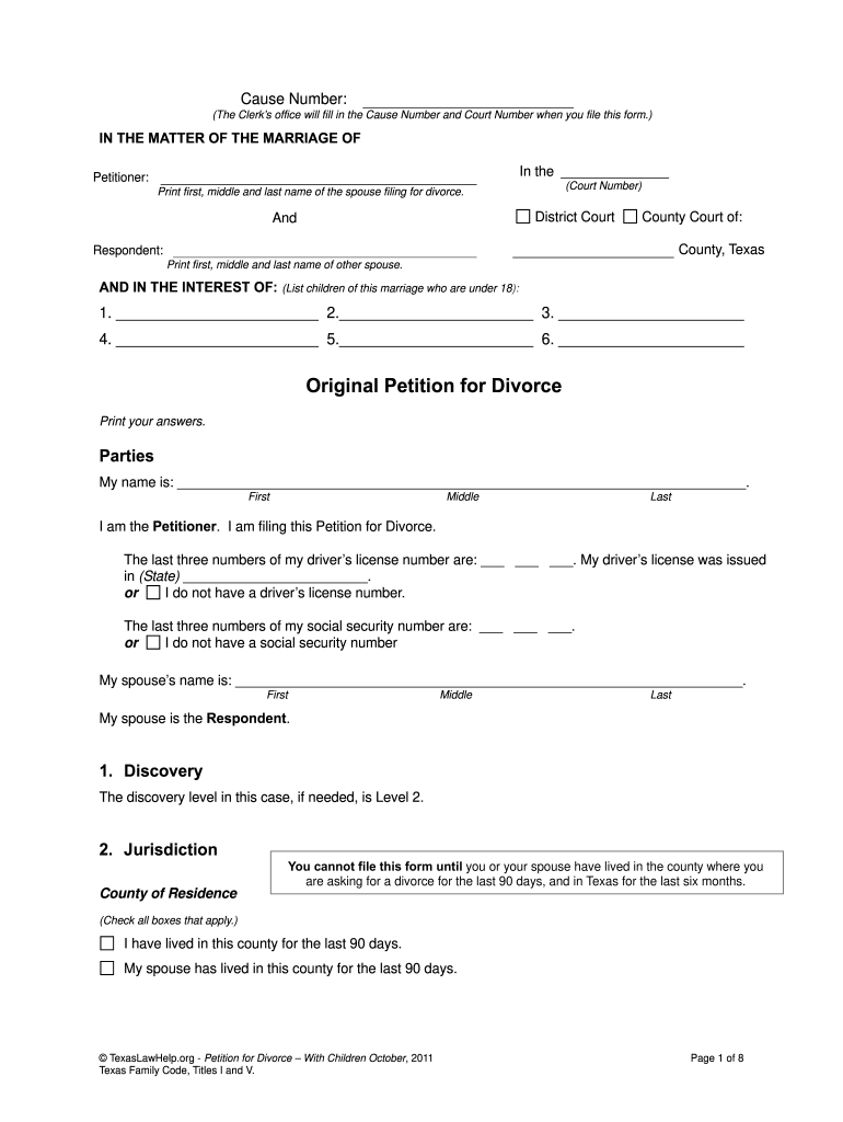 Tx Original Petition For Divorce With Children Form - Fill Online within Free Printable Divorce Forms Texas