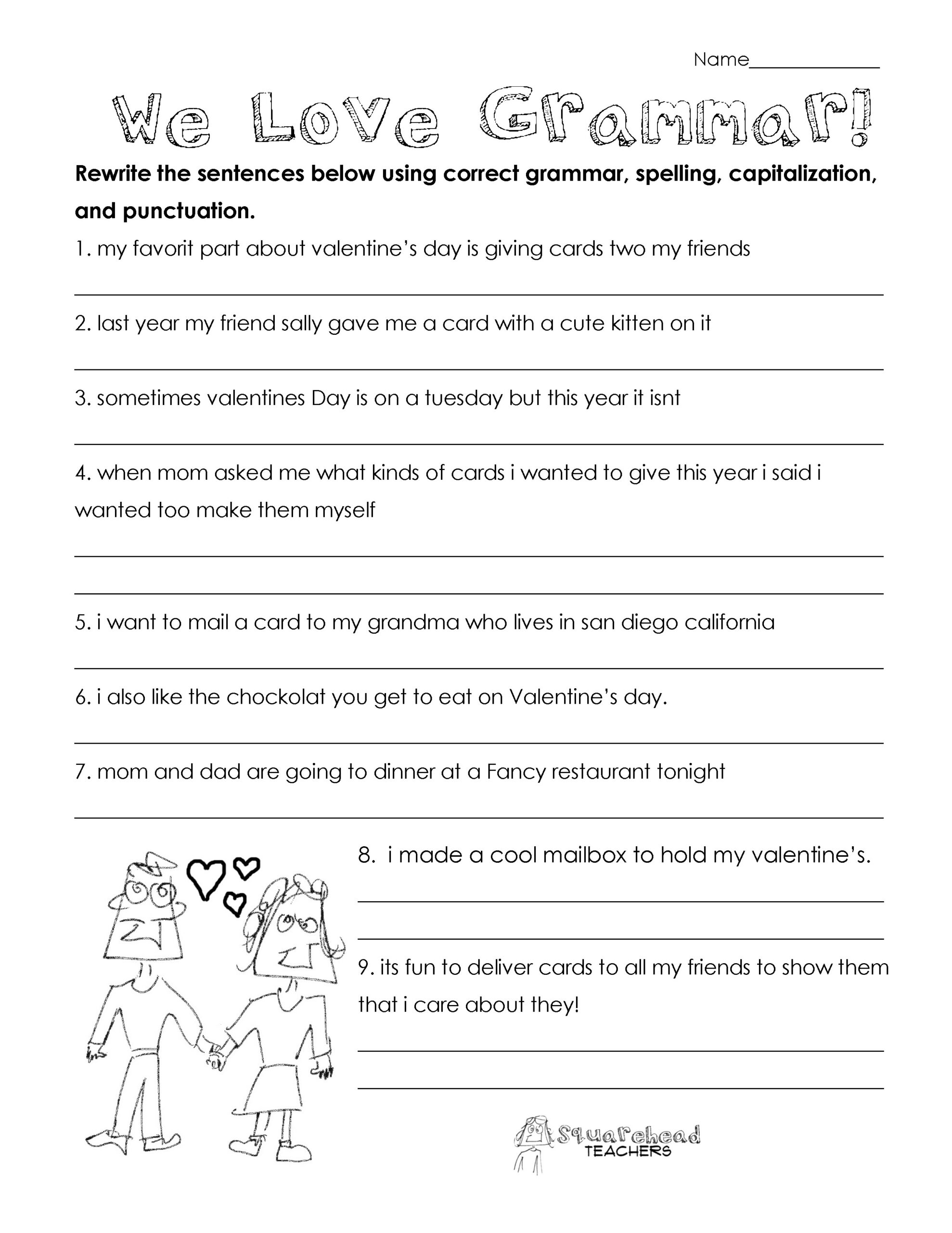 Valentines Day Grammar (Free Worksheet For 3Rd Grade And Up in Free Printable Third Grade Grammar Worksheets